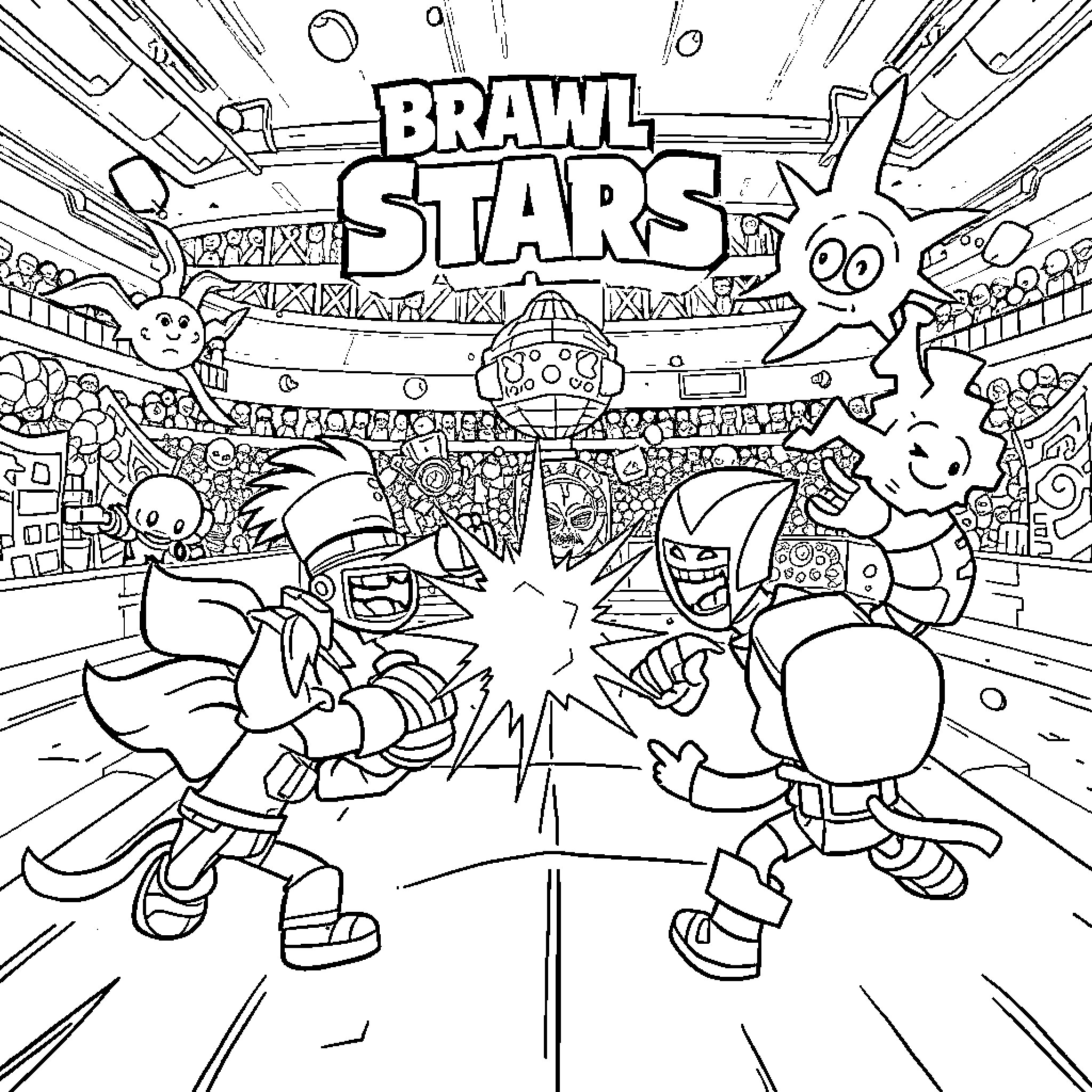 Brawl Stars Characters in Epic Battle Coloring Page (free black-and-white line drawing printable PDF for all, from beginners to advanced learners, including children, teens, adults, and seniors)