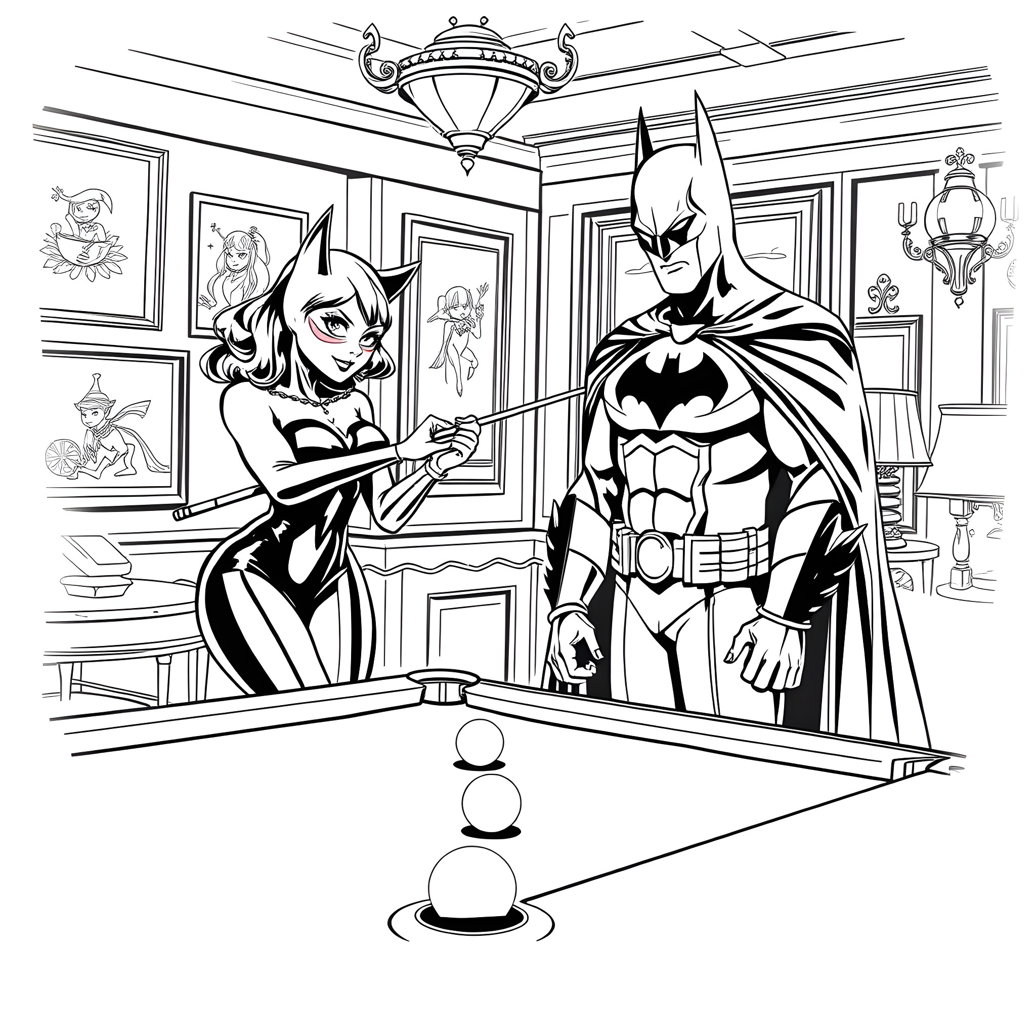 Catwoman and Batman playing pool in a lavish mansion Coloring Page (free black-and-white line drawing printable PDF for all, from beginners to advanced learners, including children, teens, adults, and seniors)