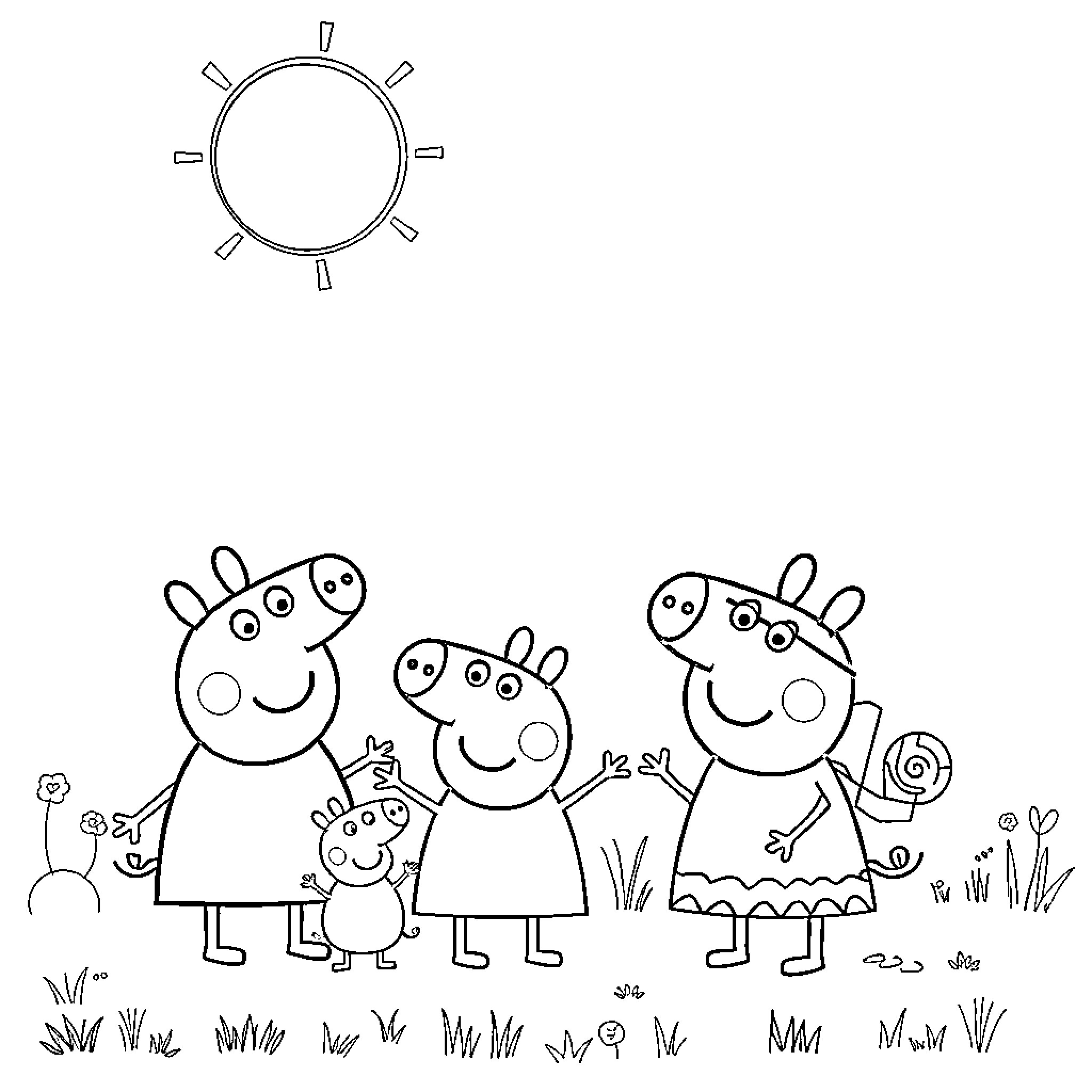 Peppa Pig and family standing together under the sun Coloring Page (free black-and-white line drawing printable PDF for all, from beginners to advanced learners, including children, teens, adults, and seniors)