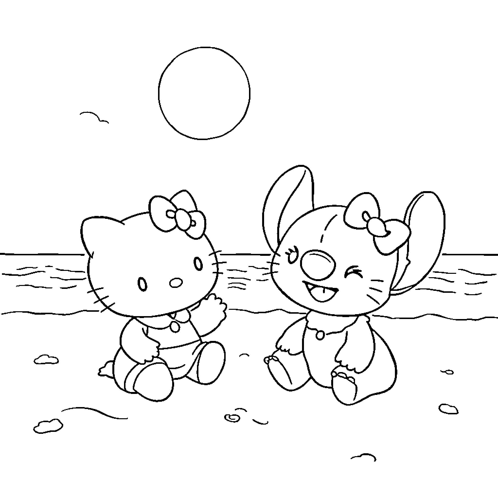 Hello Kitty playing with friends at the beach Coloring Page (free black-and-white line drawing printable PDF for all, from beginners to advanced learners, including children, teens, adults, and seniors)