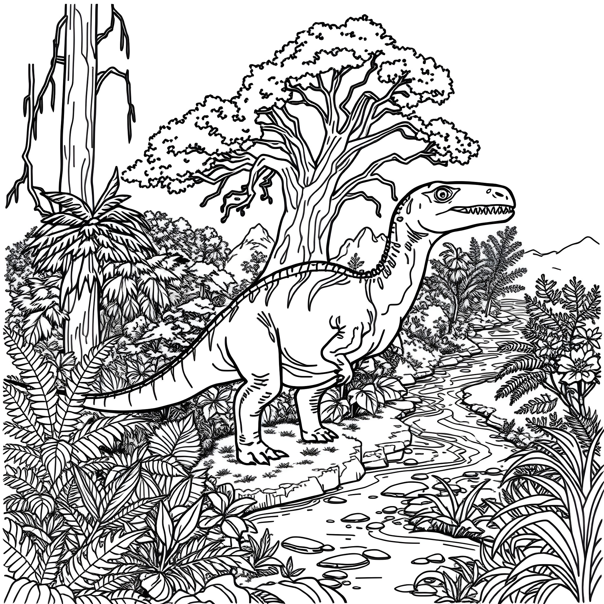 Plant Eater Exploring the Prehistoric Landscape Coloring Page (free black-and-white line drawing printable PDF for all, from beginners to advanced learners, including children, teens, adults, and seniors)