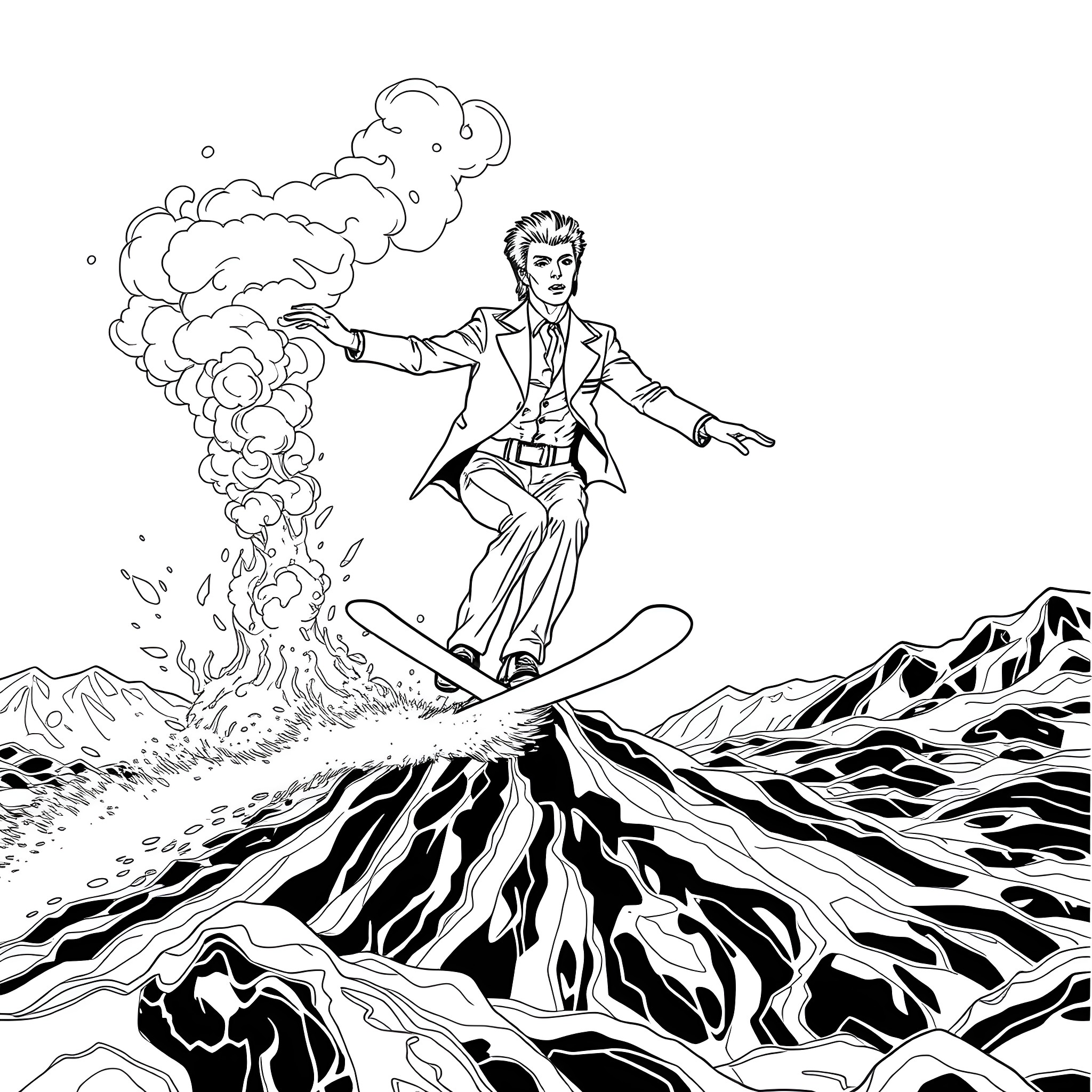 David Bowie surfing on a wave of fire and smoke Coloring Page (free black-and-white line drawing printable PDF for all, from beginners to advanced learners, including children, teens, adults, and seniors)