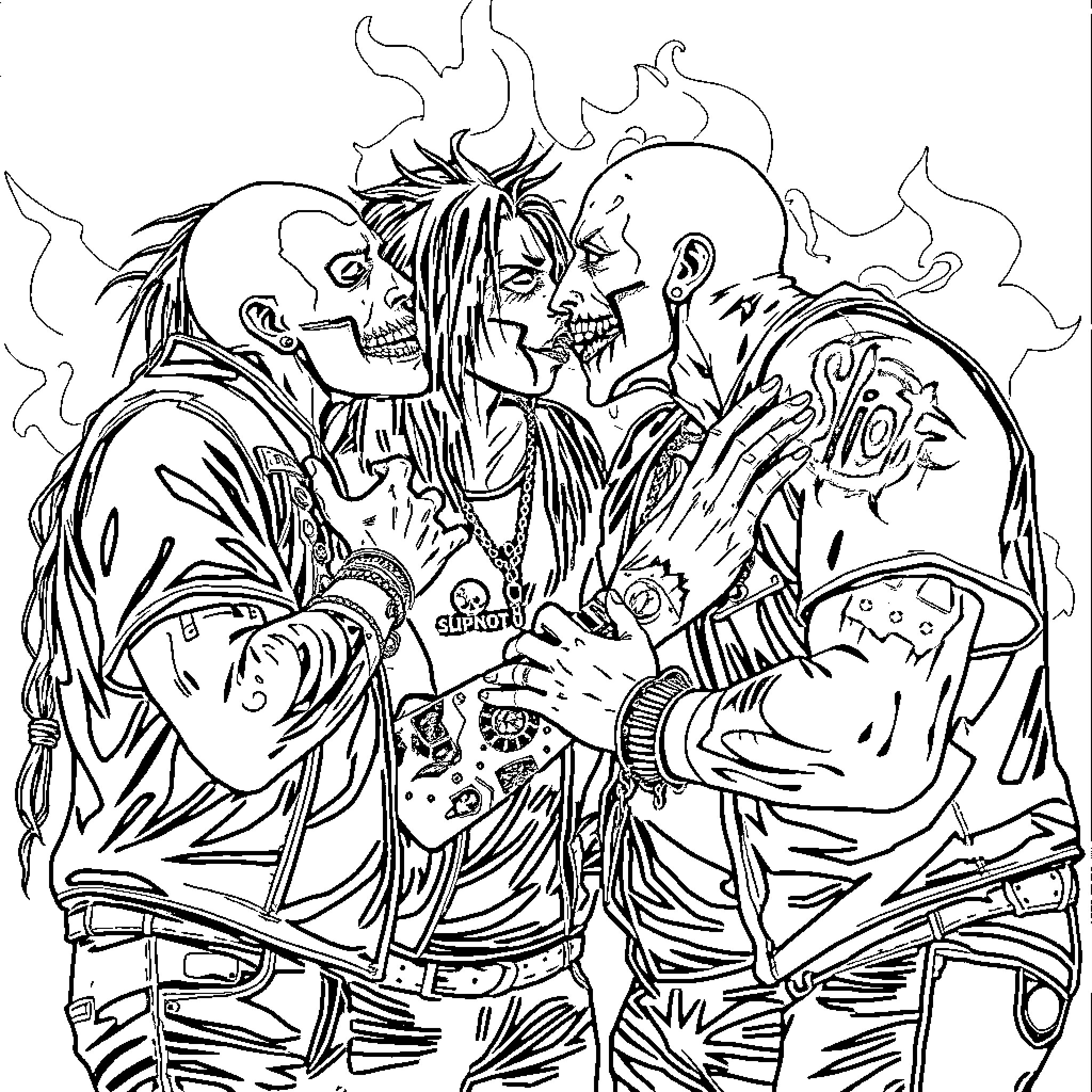 Slipknot Performers in Intense, Expressive Outfits Coloring Page (free black-and-white line drawing printable PDF for all, from beginners to advanced learners, including children, teens, adults, and seniors)