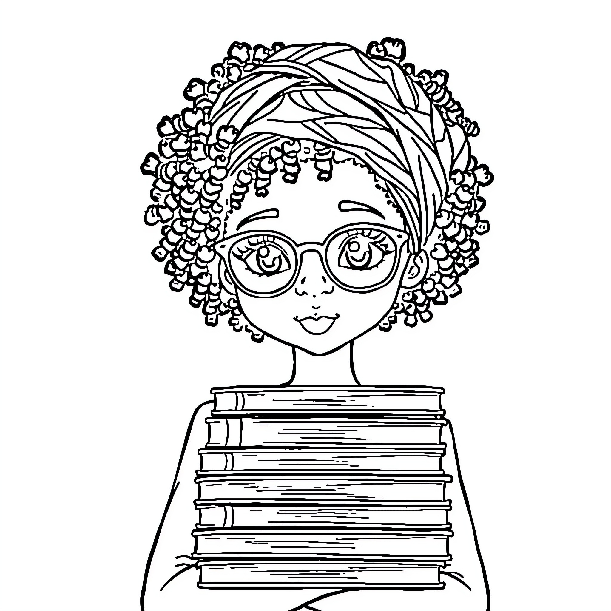 Girl with Curly Hair and Glasses Reading Books Coloring Page (free black-and-white line drawing printable PDF for all, from beginners to advanced learners, including children, teens, adults, and seniors)