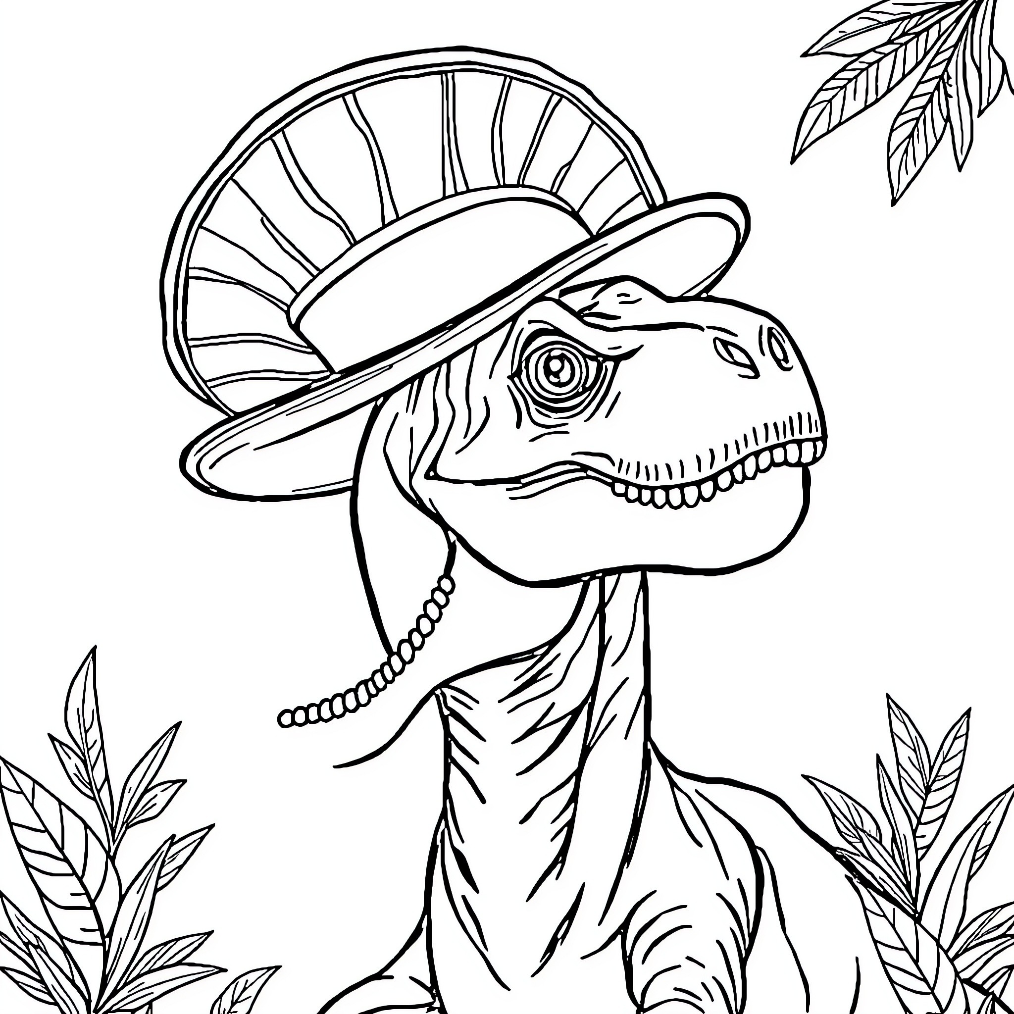 Dinosaur wearing a stylish hat in the jungle Coloring Page (free black-and-white line drawing printable PDF for all, from beginners to advanced learners, including children, teens, adults, and seniors)