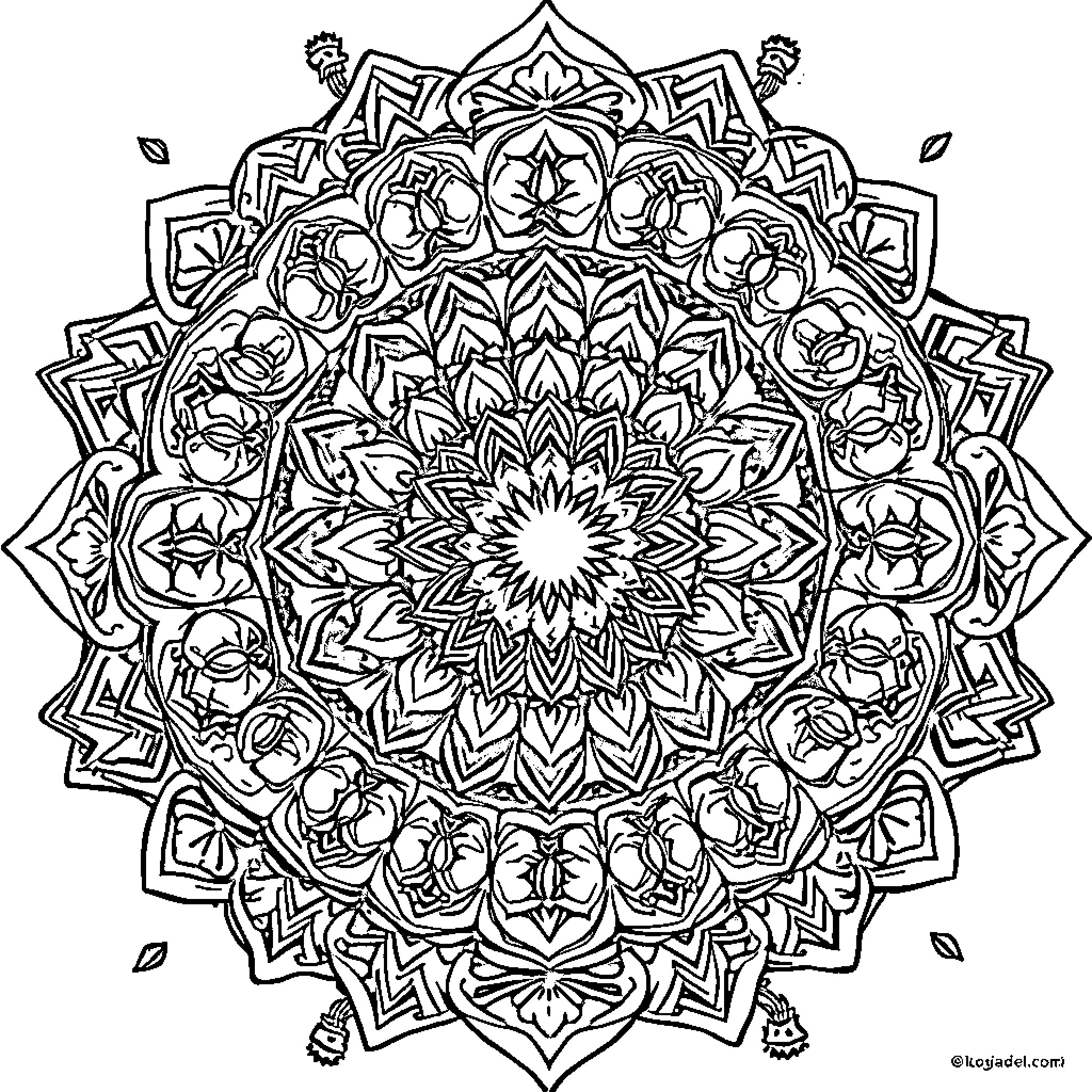 Mandala of intricate floral and geometric patterns Coloring Page (free black-and-white line drawing printable PDF for all, from beginners to advanced learners, including children, teens, adults, and seniors)
