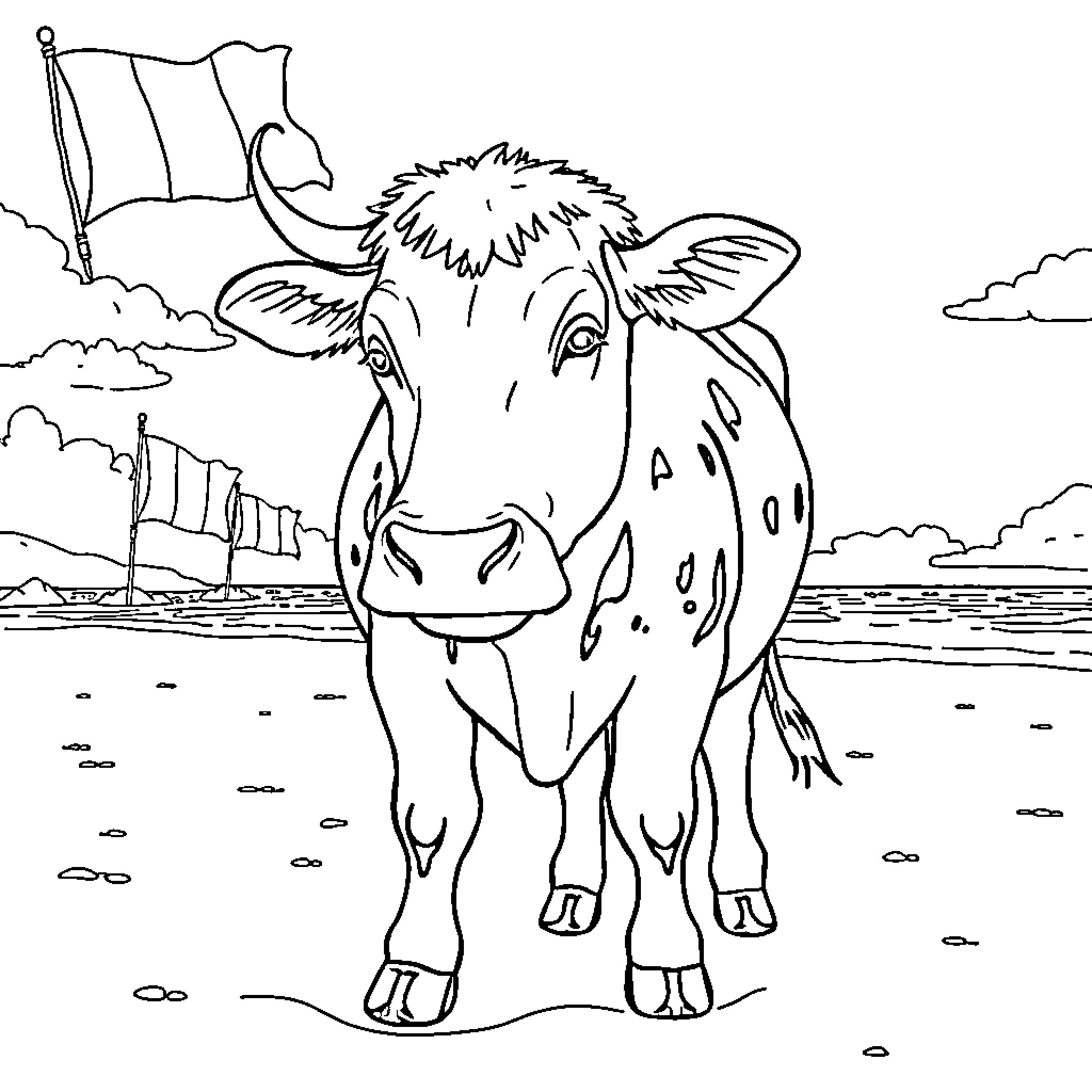 Cow standing proudly with a flag in a field Coloring Page (free black-and-white line drawing printable PDF for all, from beginners to advanced learners, including children, teens, adults, and seniors)