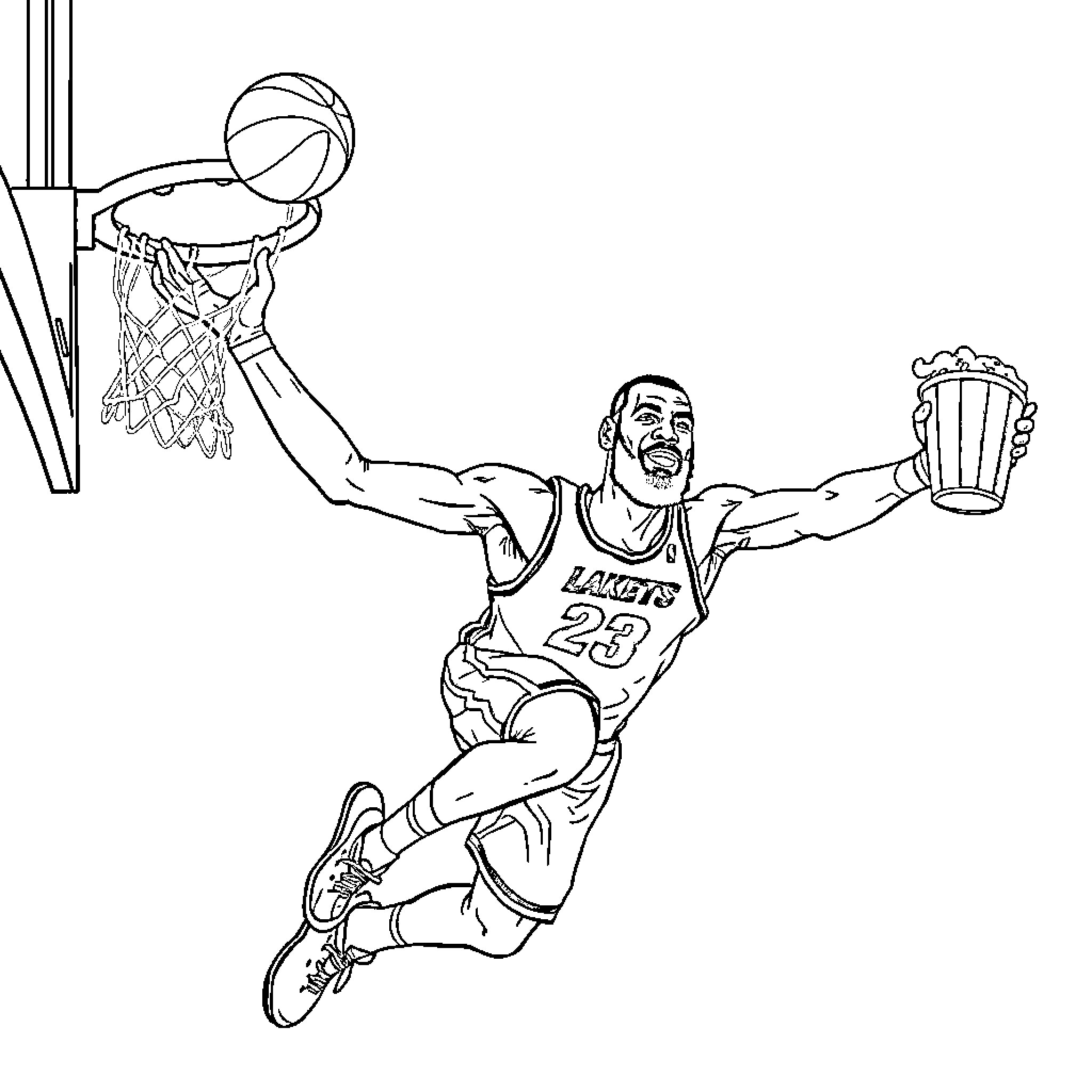 LeBron celebrating slam dunk with basketball hoop Coloring Page (free black-and-white line drawing printable PDF for all, from beginners to advanced learners, including children, teens, adults, and seniors)