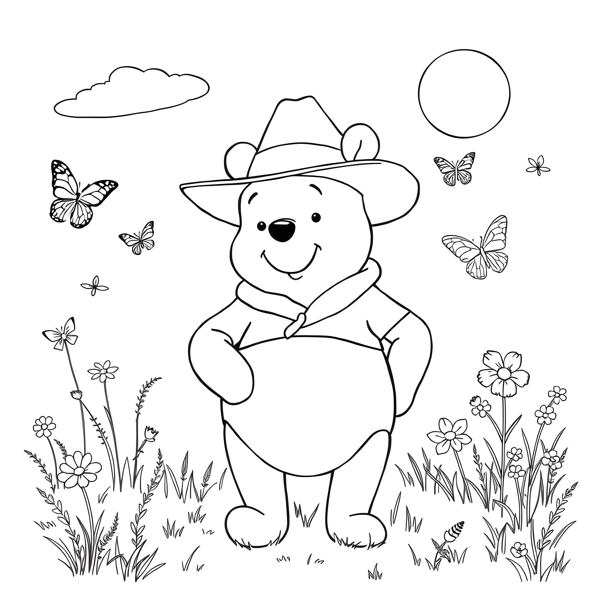 Winnie The Pooh Exploring the Outdoors with Butterflies Coloring Page (free black-and-white line drawing printable PDF for all, from beginners to advanced learners, including children, teens, adults, and seniors)