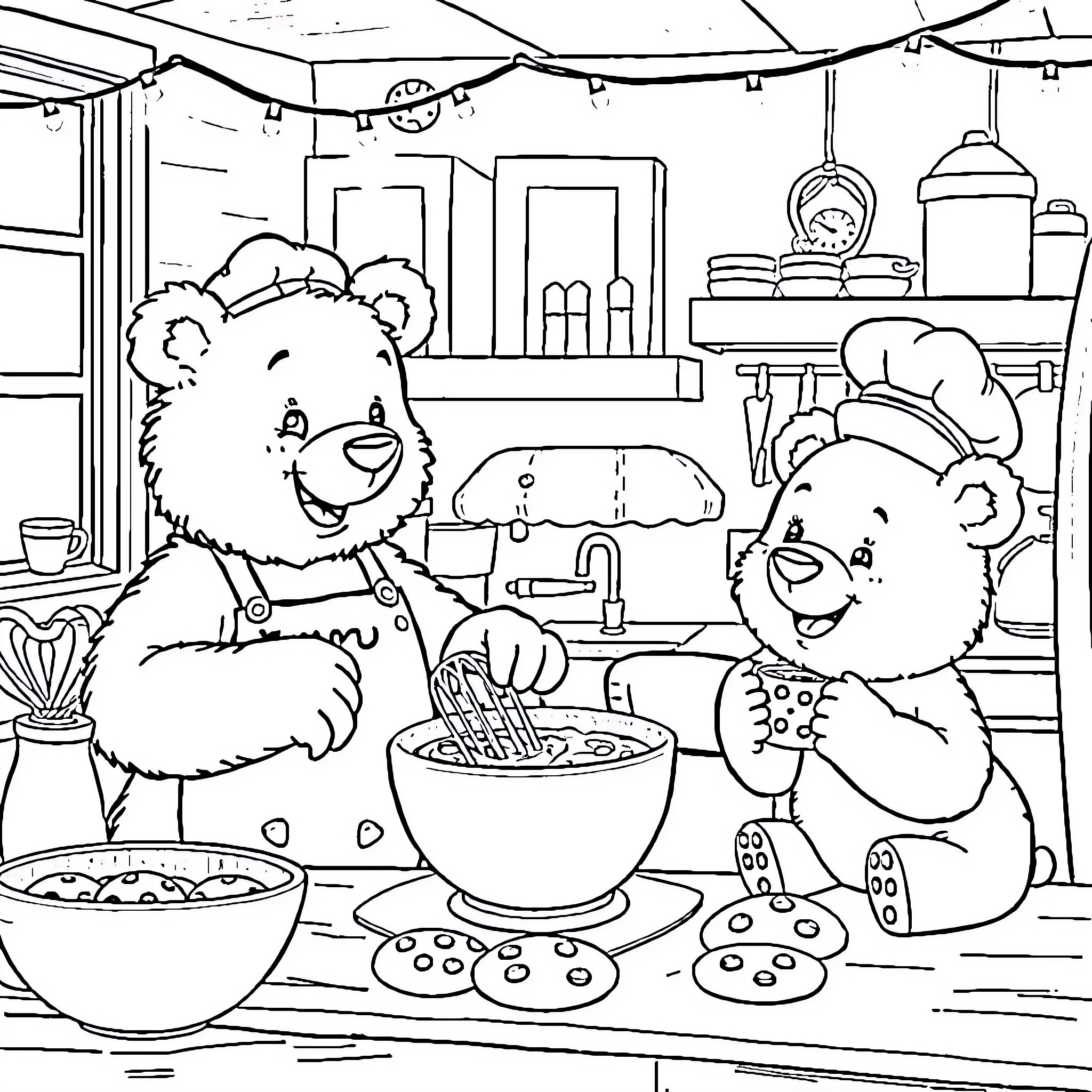 Bear friends cooking delicious meal together Coloring Page (free black-and-white line drawing printable PDF for all, from beginners to advanced learners, including children, teens, adults, and seniors)