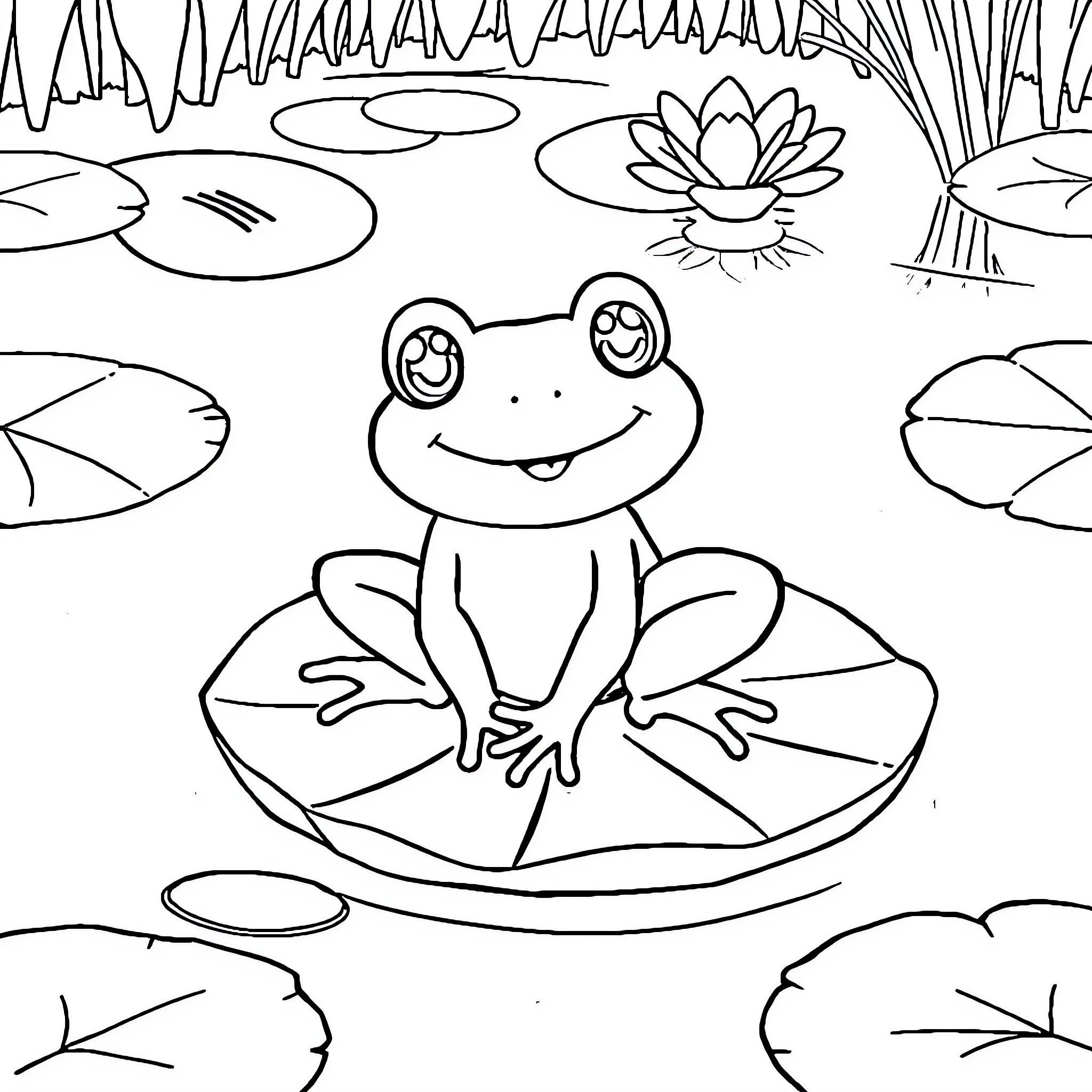 Frog sitting on a lily pad in a pond Coloring Page (free black-and-white line drawing printable PDF for all, from beginners to advanced learners, including children, teens, adults, and seniors)