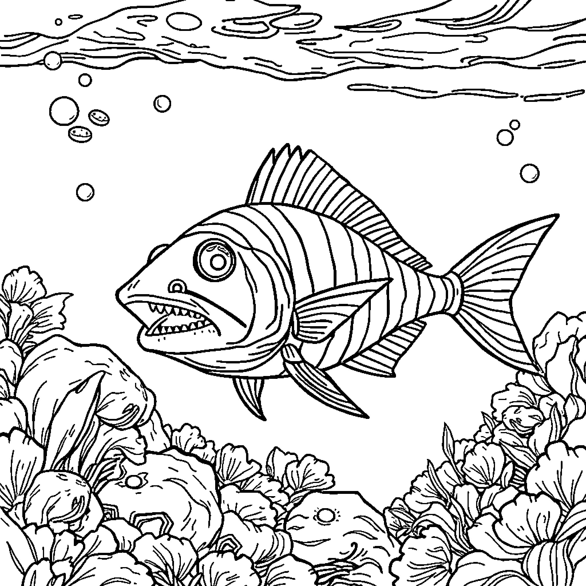 Piratix underwater adventure with feisty fish Coloring Page (free black-and-white line drawing printable PDF for all, from beginners to advanced learners, including children, teens, adults, and seniors)