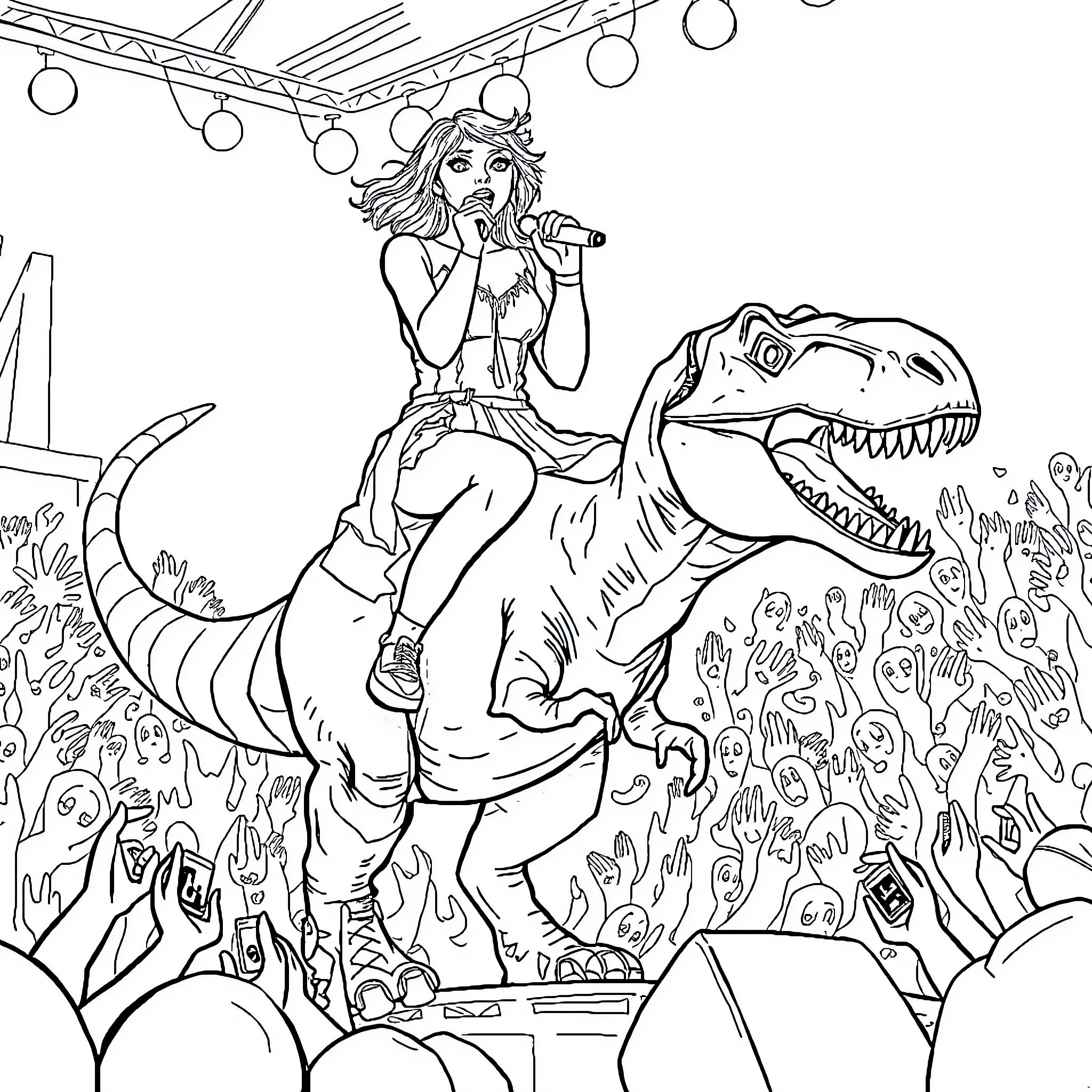 Taylor Swift performing on stage with a dinosaur Coloring Page (free black-and-white line drawing printable PDF for all, from beginners to advanced learners, including children, teens, adults, and seniors)