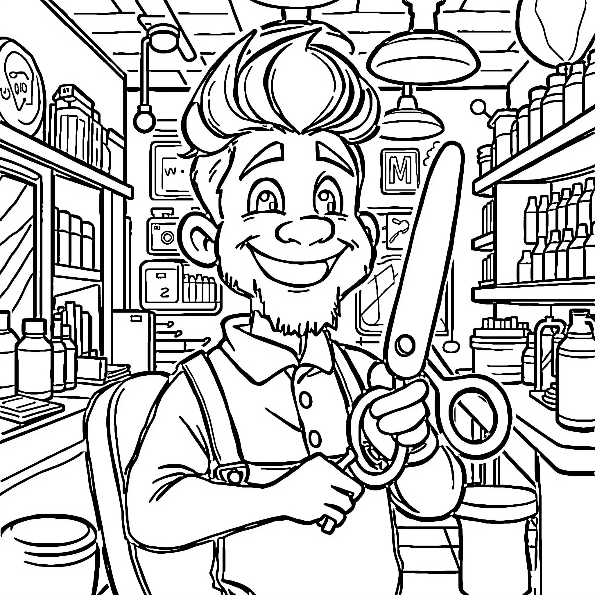 Barber at Work in a Vibrant Shop Coloring Page (free black-and-white line drawing printable PDF for all, from beginners to advanced learners, including children, teens, adults, and seniors)