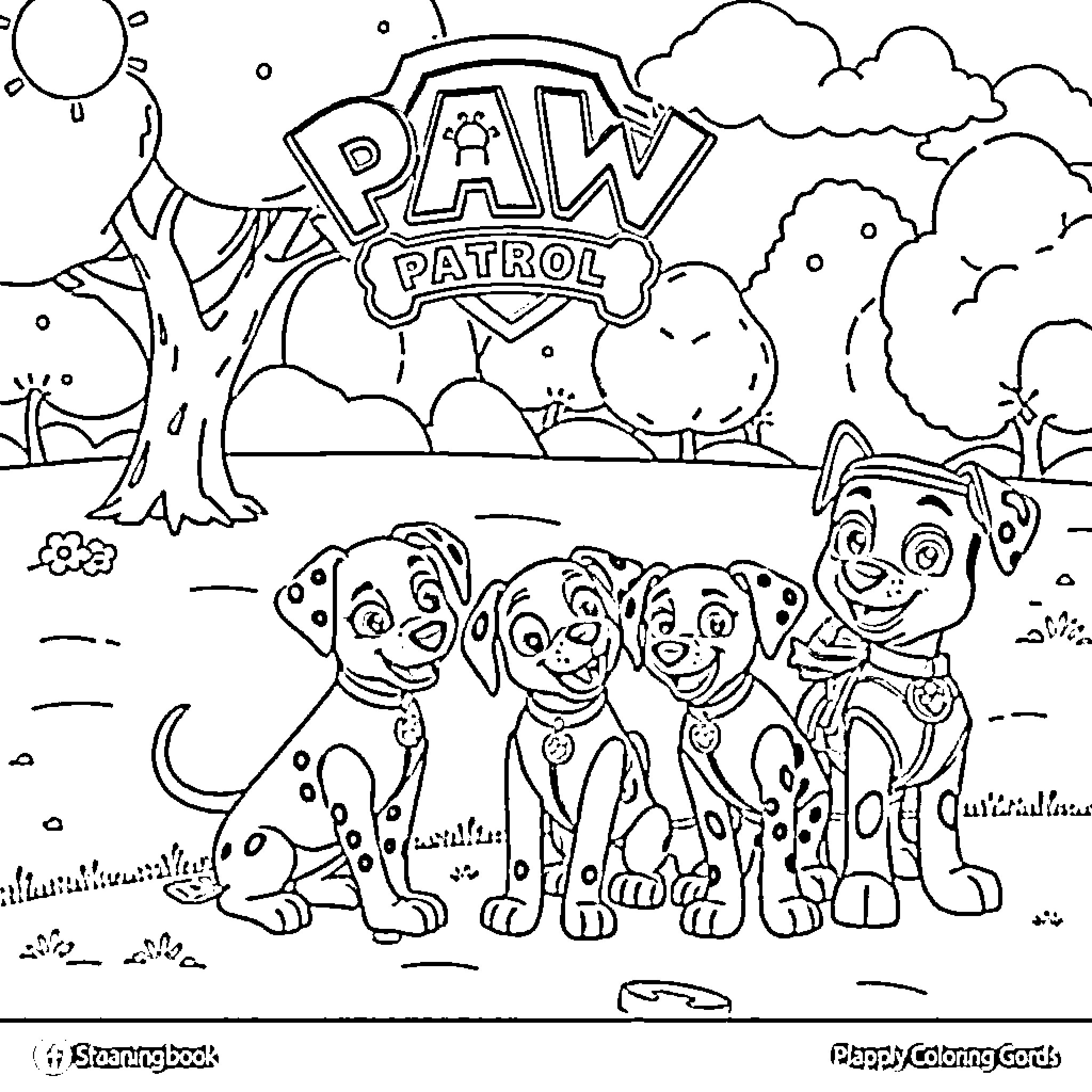 Paw Patrol characters exploring the outdoors Coloring Page (free black-and-white line drawing printable PDF for all, from beginners to advanced learners, including children, teens, adults, and seniors)