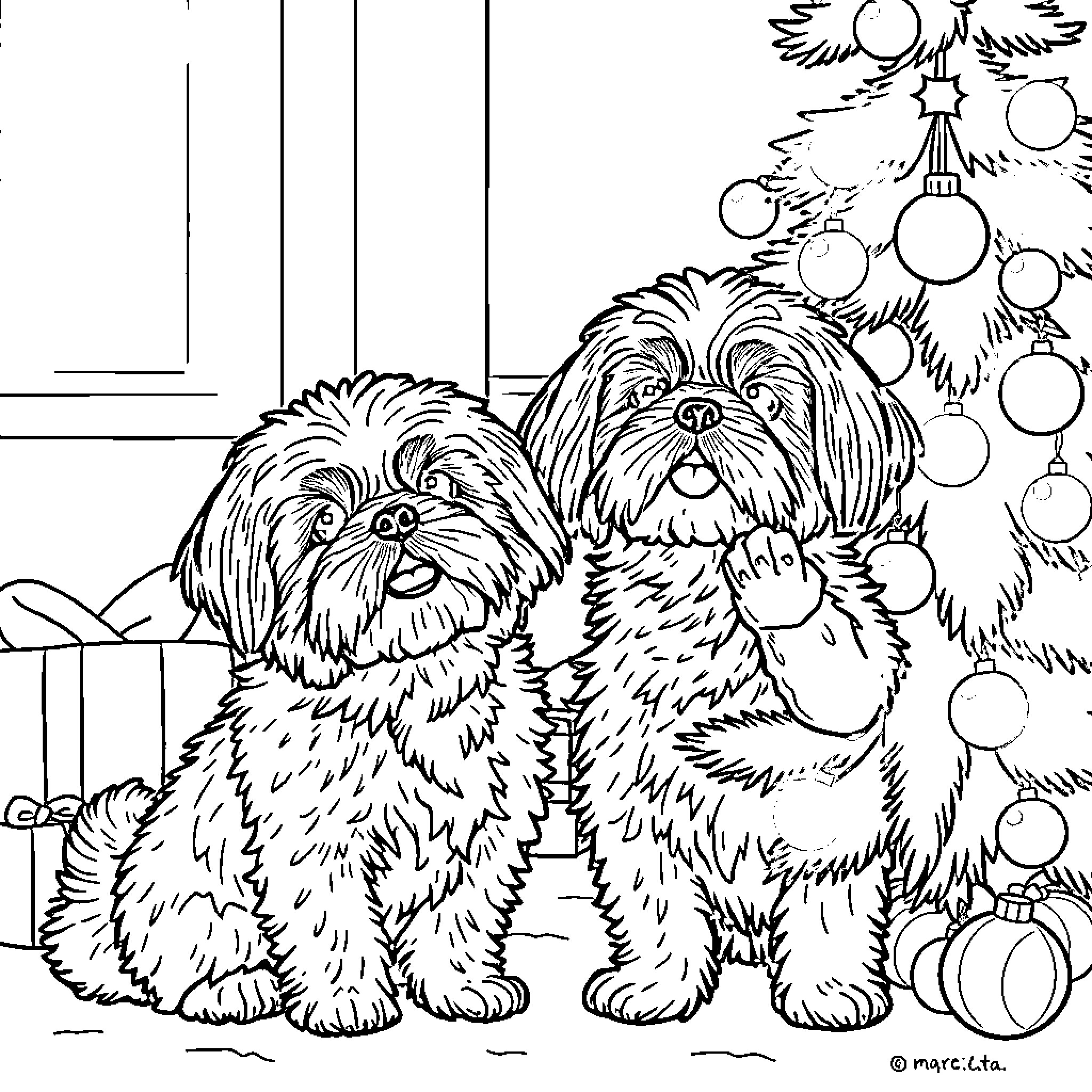Shih Tzu dogs enjoying the holiday season Coloring Page (free black-and-white line drawing printable PDF for all, from beginners to advanced learners, including children, teens, adults, and seniors)