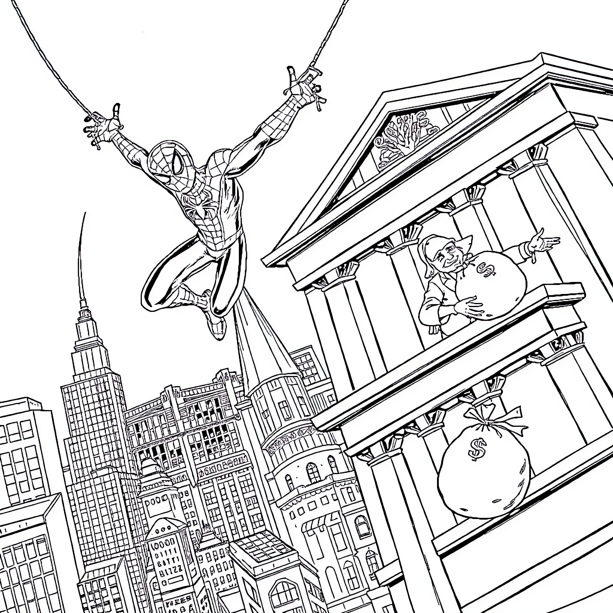 Spider-Man saving the city from villains Coloring Page (free black-and-white line drawing printable PDF for all, from beginners to advanced learners, including children, teens, adults, and seniors)