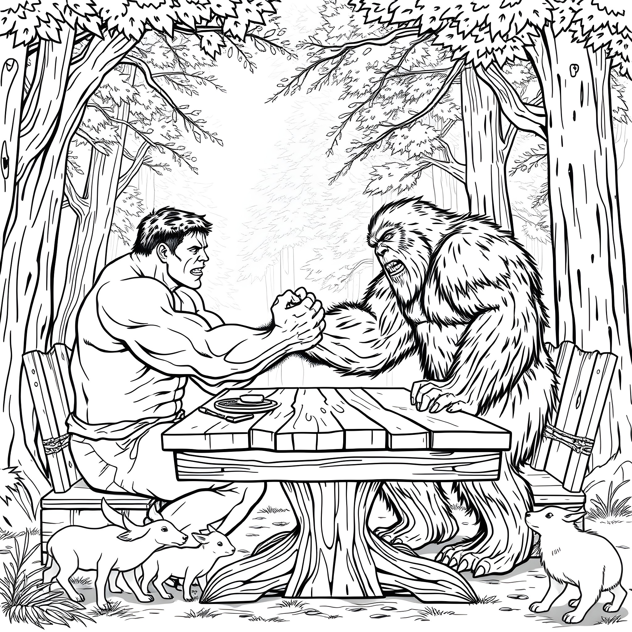 Hulk arm-wrestling with a Sasquatch in the forest Coloring Page (free black-and-white line drawing printable PDF for all, from beginners to advanced learners, including children, teens, adults, and seniors)