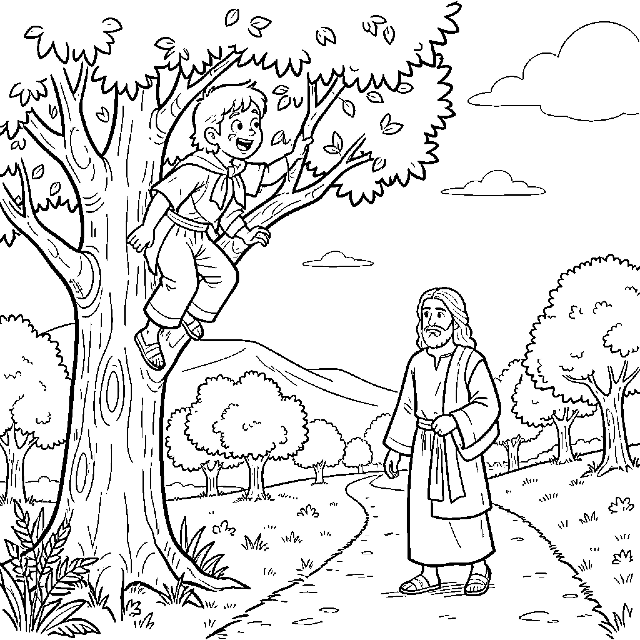 Zacchaeus climbing a tree to see Jesus on the path Coloring Page (free black-and-white line drawing printable PDF for all, from beginners to advanced learners, including children, teens, adults, and seniors)