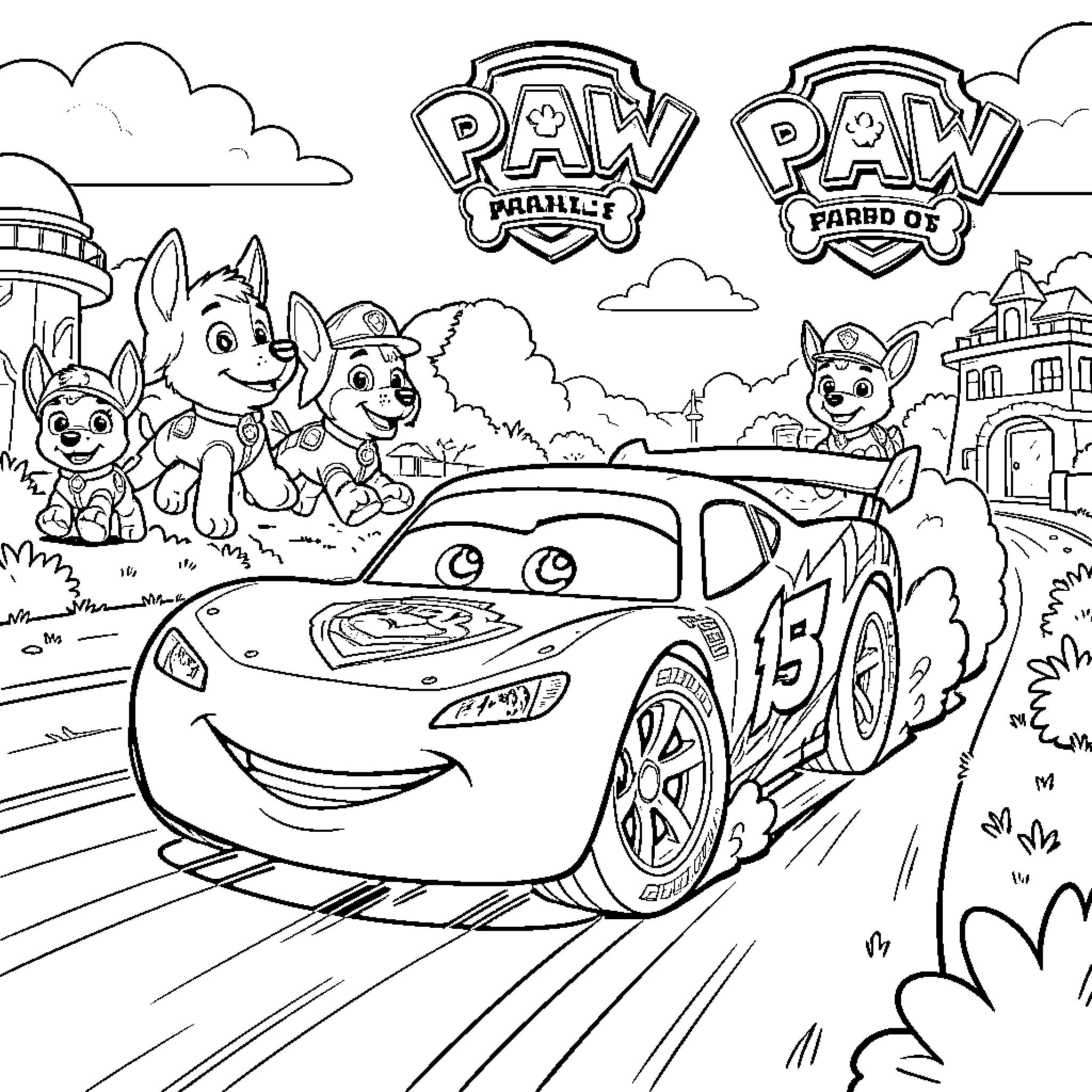 Flash McQueen racing alongside the PAW Patrol pups Coloring Page (free black-and-white line drawing printable PDF for all, from beginners to advanced learners, including children, teens, adults, and seniors)