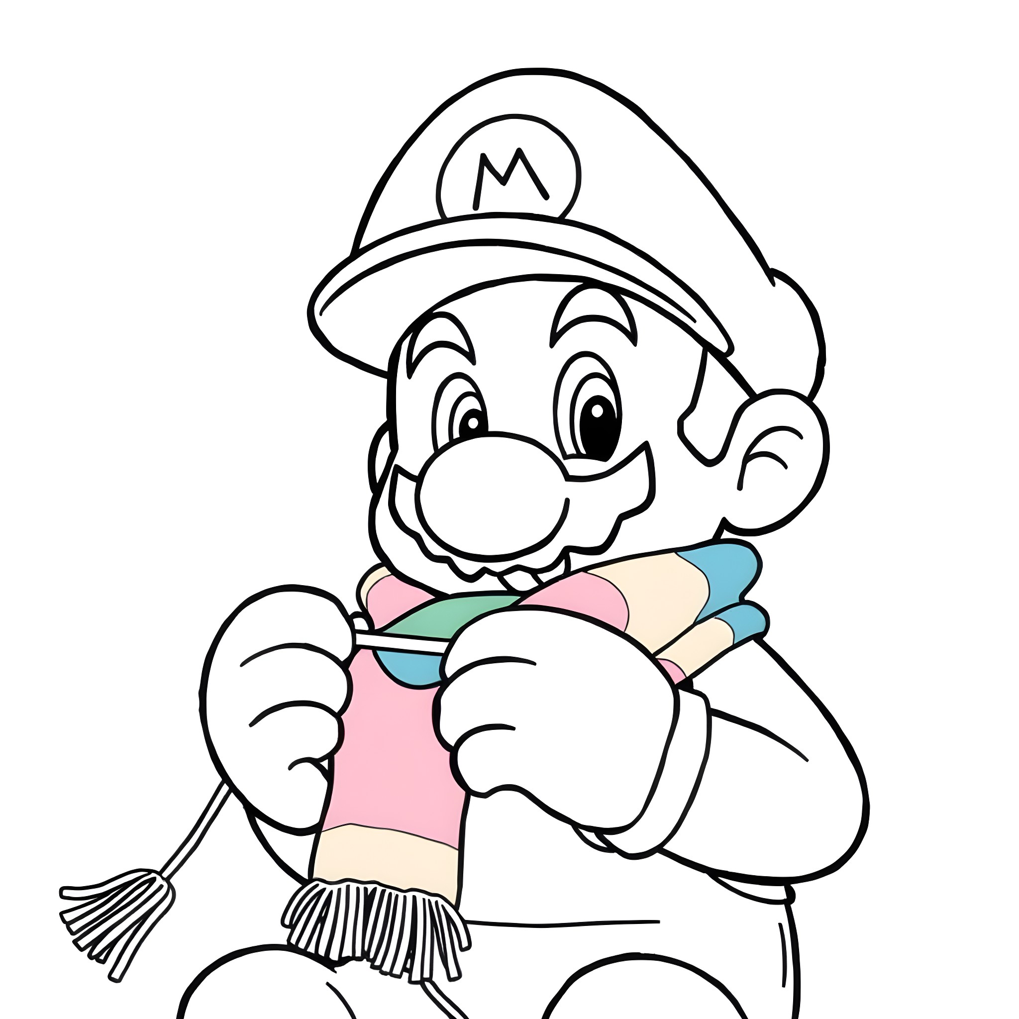 Mario Wearing Scarf and Smiling Happily Coloring Page (free black-and-white line drawing printable PDF for all, from beginners to advanced learners, including children, teens, adults, and seniors)
