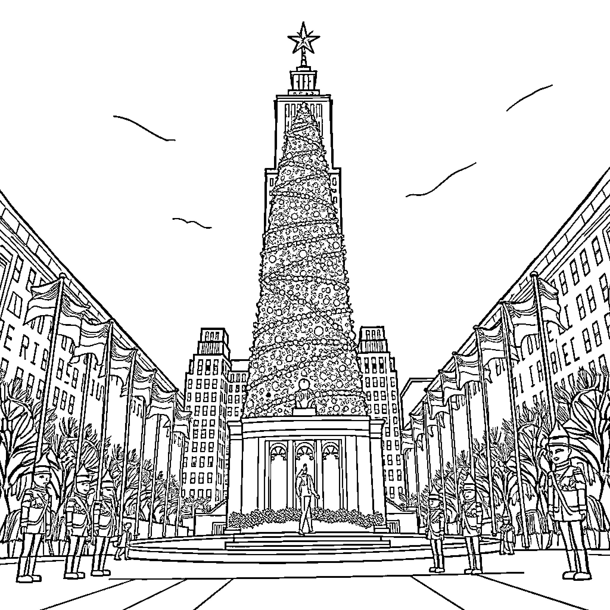 Christmas Tree with Towering Architecture and People Coloring Page (free black-and-white line drawing printable PDF for all, from beginners to advanced learners, including children, teens, adults, and seniors)