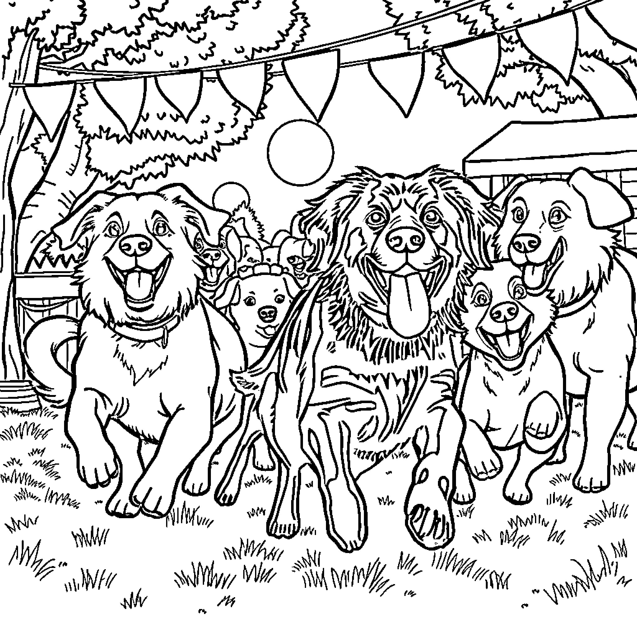 Dog Celebration with Joyful Pups and Decorations Coloring Page (free black-and-white line drawing printable PDF for all, from beginners to advanced learners, including children, teens, adults, and seniors)