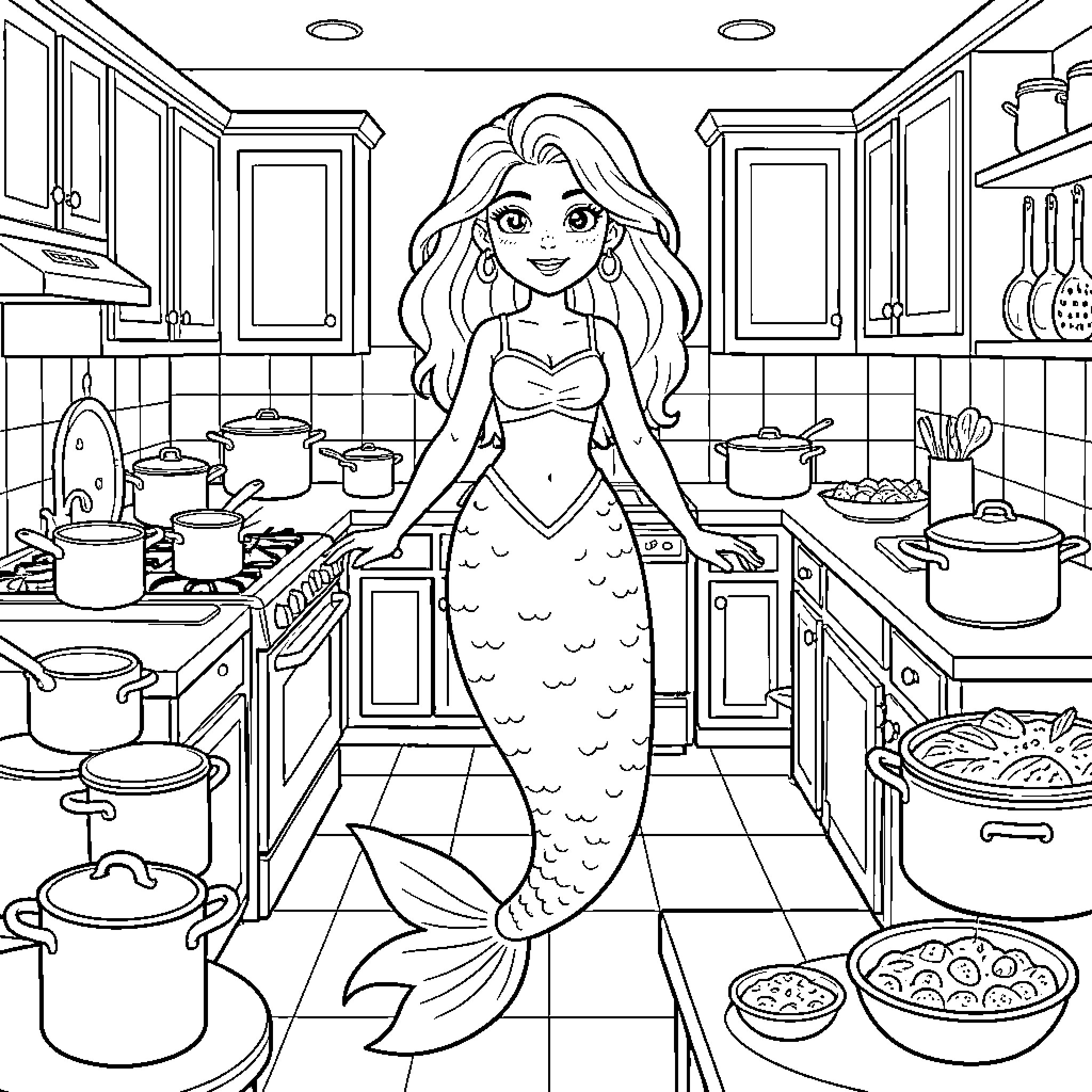 Siren mermaid standing in a kitchen surrounded by pots Coloring Page (free black-and-white line drawing printable PDF for all, from beginners to advanced learners, including children, teens, adults, and seniors)