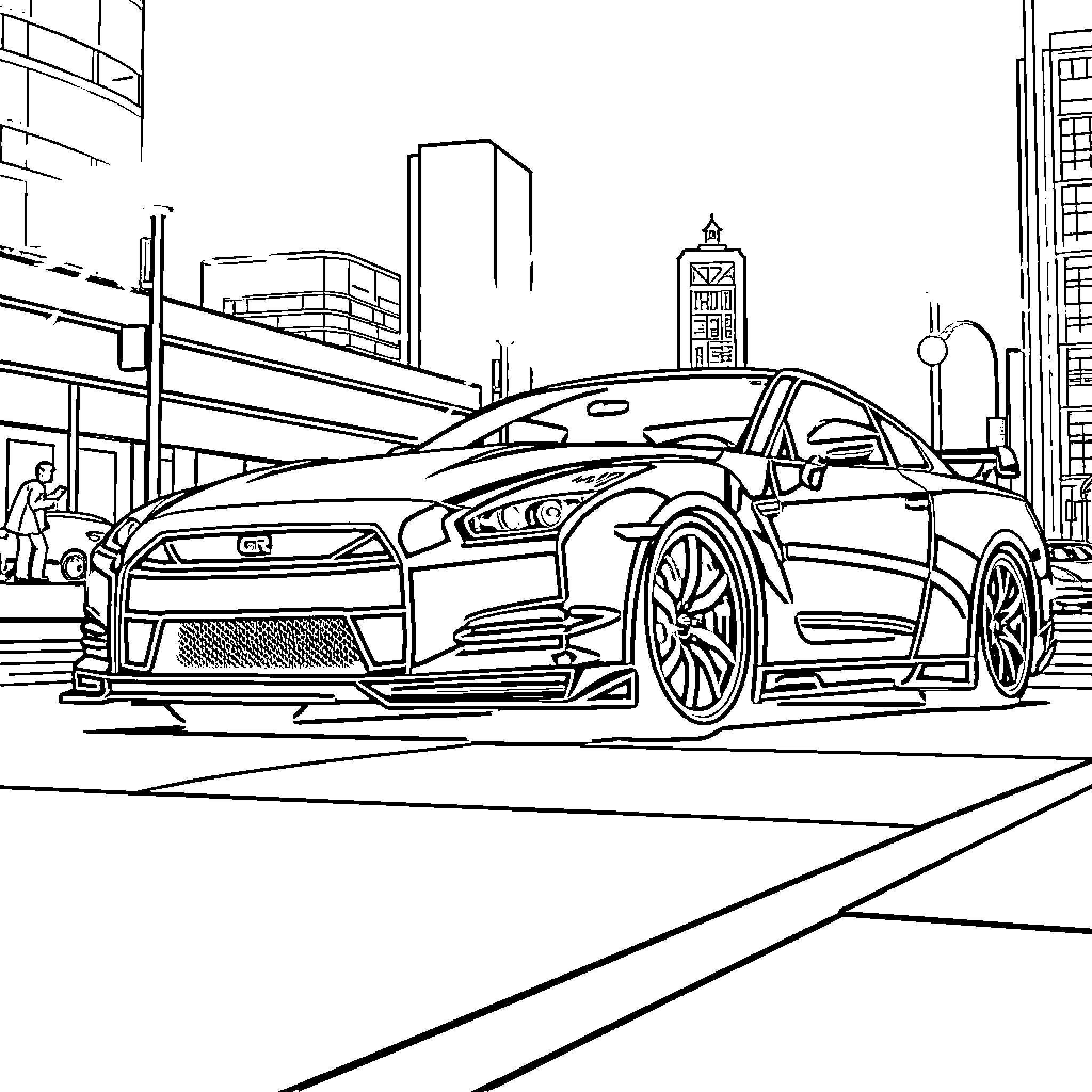 Gtr sports car in city landscape Coloring Page (free black-and-white line drawing printable PDF for all, from beginners to advanced learners, including children, teens, adults, and seniors)