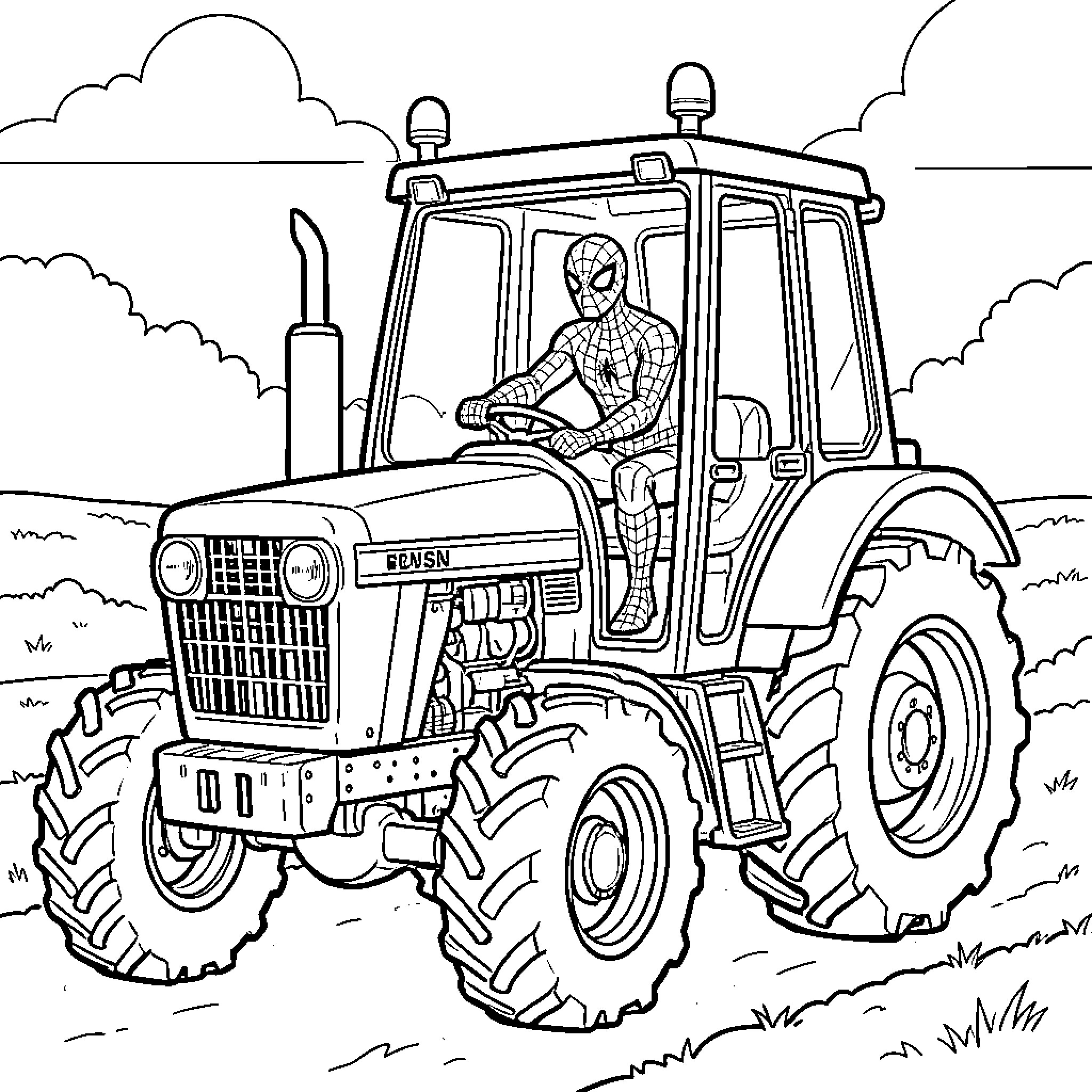 Spiderman driving a tractor through a field Coloring Page (free black-and-white line drawing printable PDF for all, from beginners to advanced learners, including children, teens, adults, and seniors)