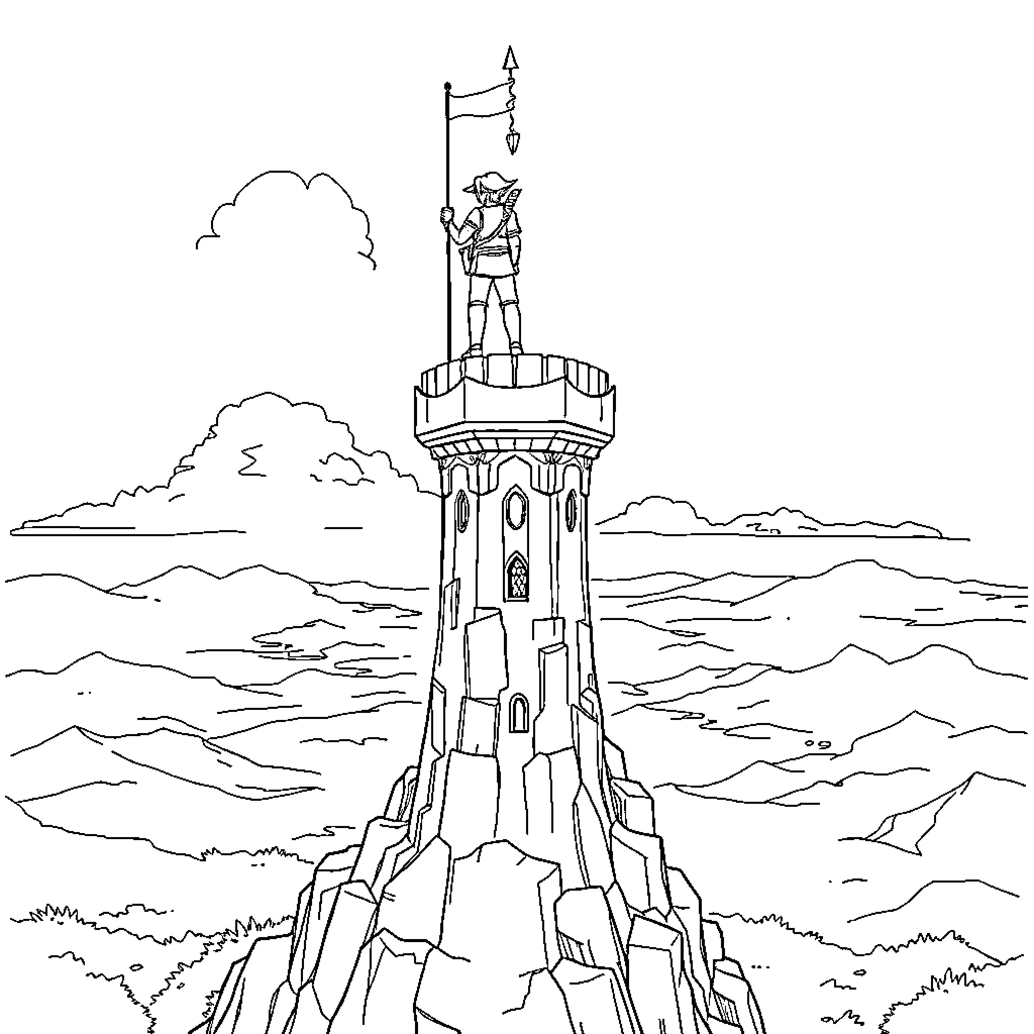 Link atop a towering castle in a fantasy landscape Coloring Page (free black-and-white line drawing printable PDF for all, from beginners to advanced learners, including children, teens, adults, and seniors)