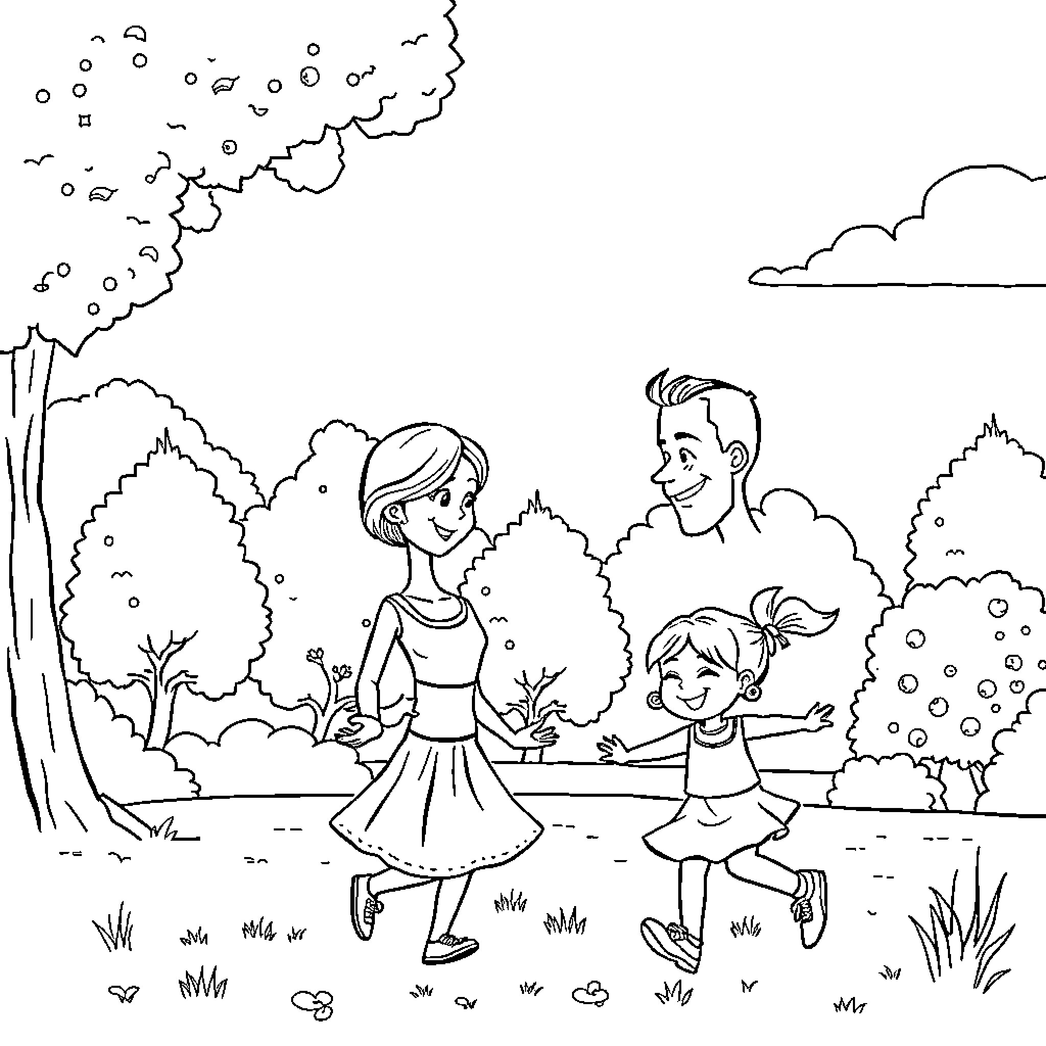 Family Enjoying Outdoor Stroll in Nature Coloring Page (free black-and-white line drawing printable PDF for all, from beginners to advanced learners, including children, teens, adults, and seniors)