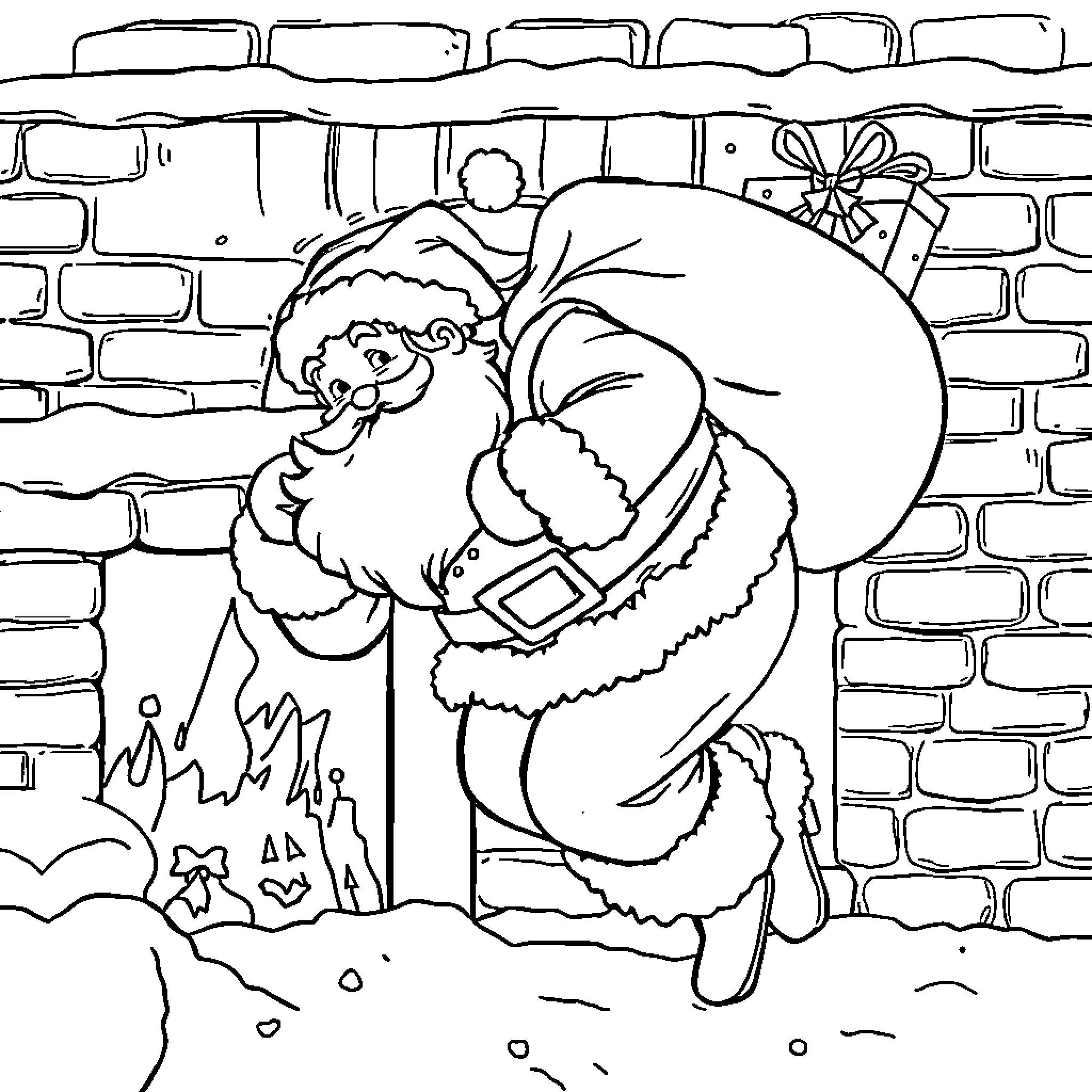 Santa stuck in the chimney with gifts Coloring Page (free black-and-white line drawing printable PDF for all, from beginners to advanced learners, including children, teens, adults, and seniors)