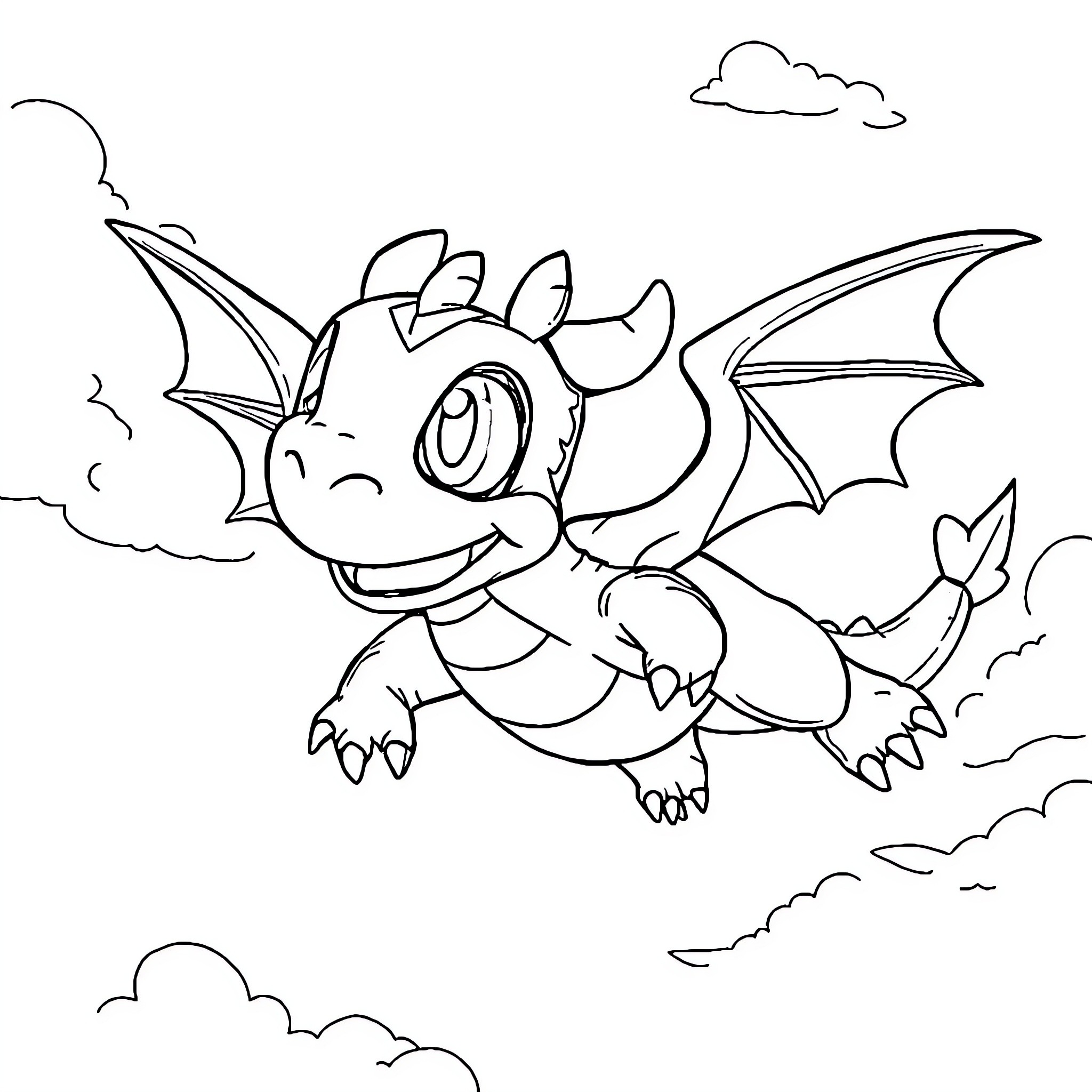Krokmou the happy dragon flying in the clouds Coloring Page (free black-and-white line drawing printable PDF for all, from beginners to advanced learners, including children, teens, adults, and seniors)
