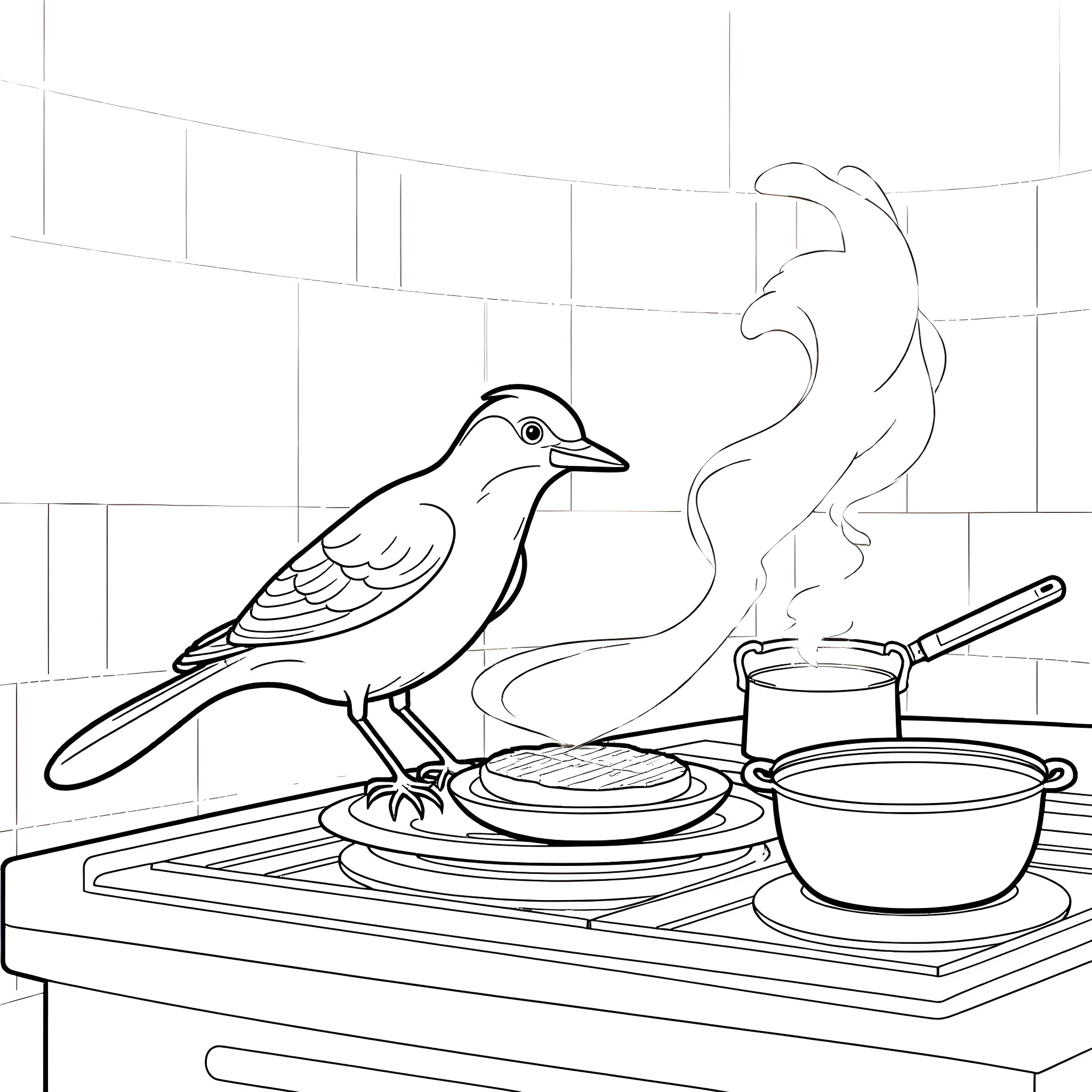 Bluejay Enjoying a Hearty Meal in the Kitchen Coloring Page (free black-and-white line drawing printable PDF for all, from beginners to advanced learners, including children, teens, adults, and seniors)
