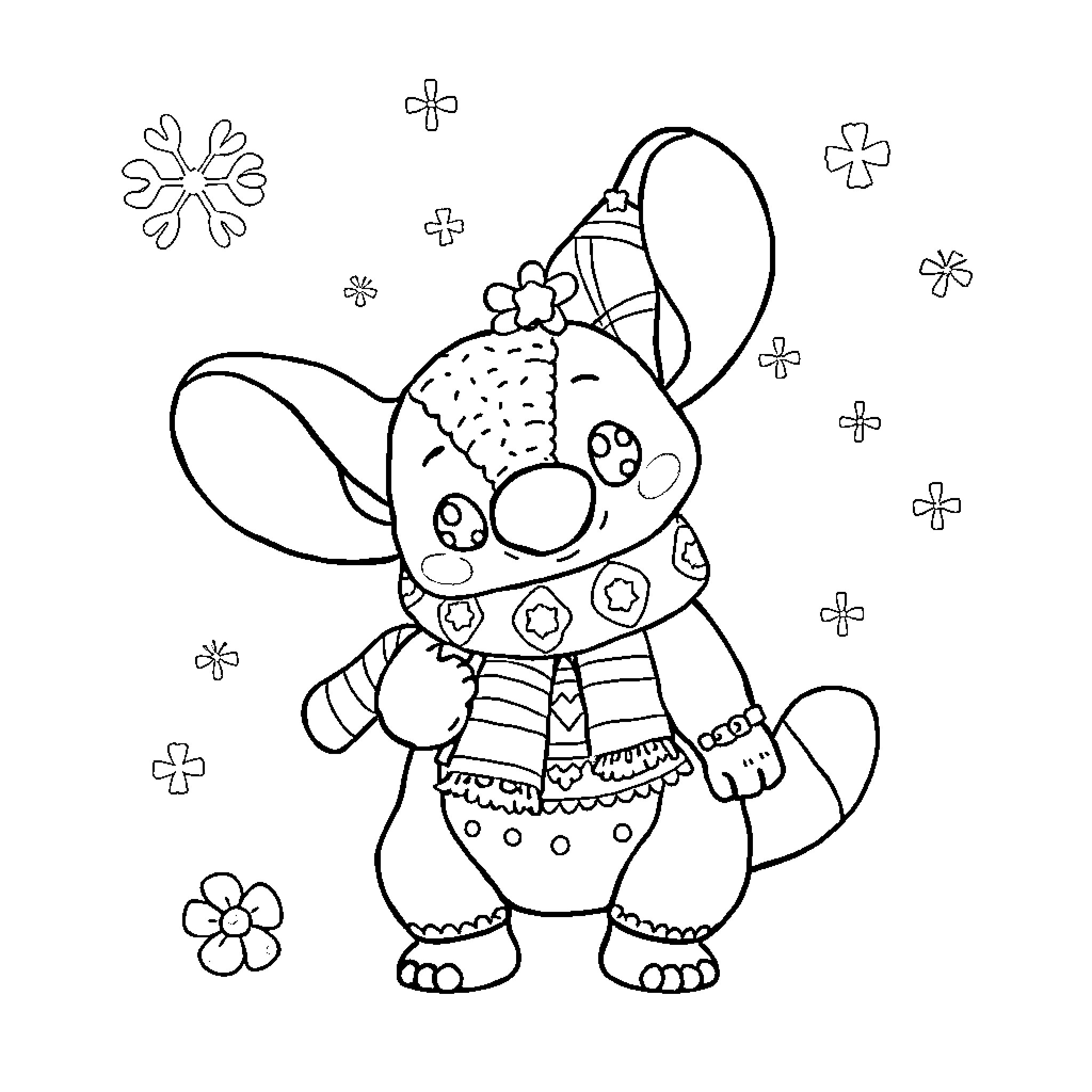Christmas Stitch with Winter Decorations Coloring Page (free black-and-white line drawing printable PDF for all, from beginners to advanced learners, including children, teens, adults, and seniors)