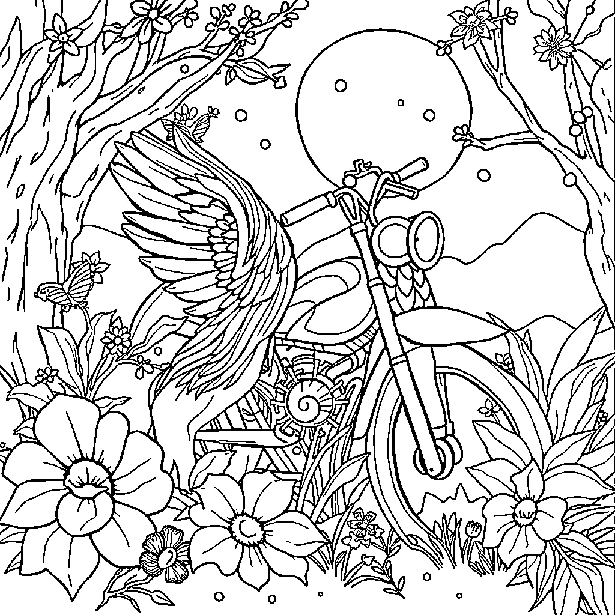 Tractor Riding Among Blooming Flowers Coloring Page (free black-and-white line drawing printable PDF for all, from beginners to advanced learners, including children, teens, adults, and seniors)