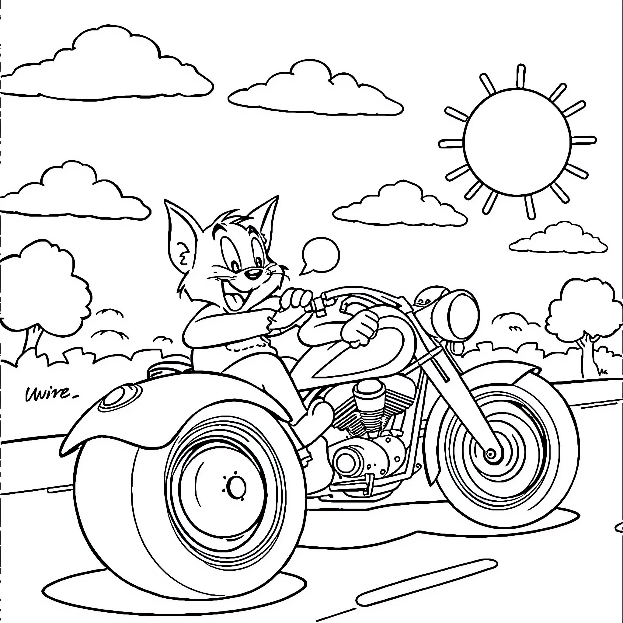 Tom and Jerry's Motorcycle Adventure Coloring Page (free black-and-white line drawing printable PDF for all, from beginners to advanced learners, including children, teens, adults, and seniors)