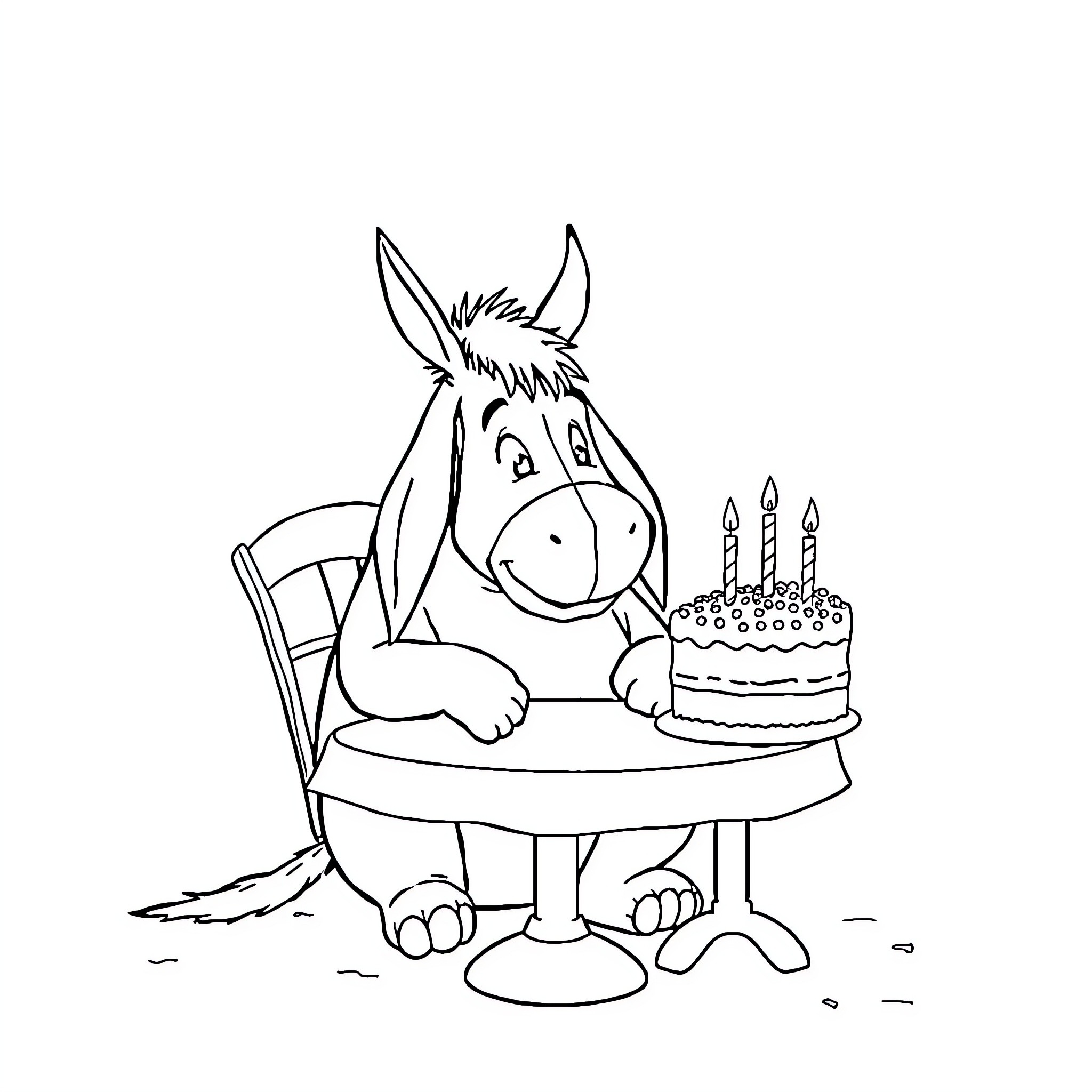 Eeyore celebrating his birthday with cake Coloring Page (free black-and-white line drawing printable PDF for all, from beginners to advanced learners, including children, teens, adults, and seniors)