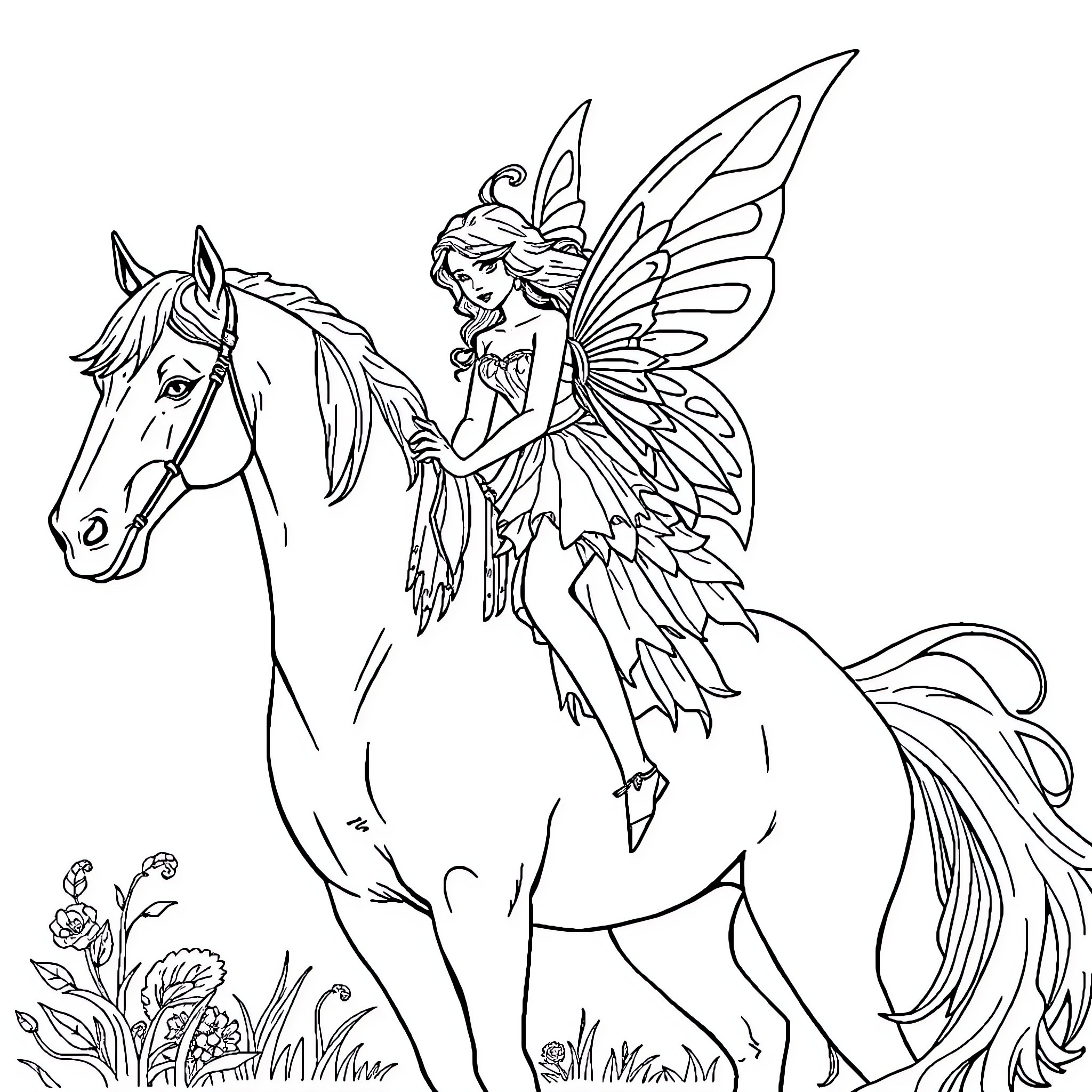 Fairy riding a majestic horse in a magical forest Coloring Page (free black-and-white line drawing printable PDF for all, from beginners to advanced learners, including children, teens, adults, and seniors)