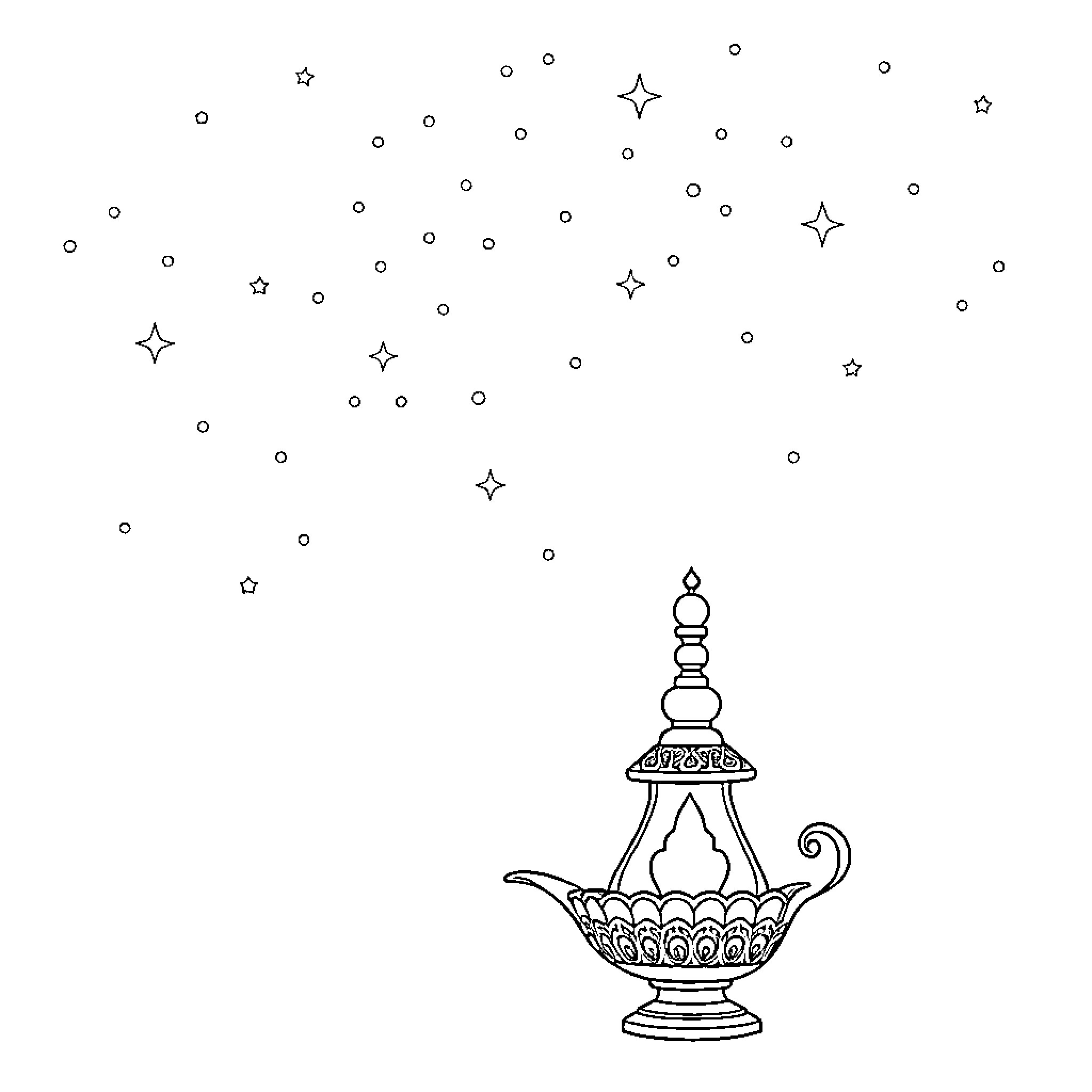 Lamp-shaped teapot with stars in the night sky Coloring Page (free black-and-white line drawing printable PDF for all, from beginners to advanced learners, including children, teens, adults, and seniors)
