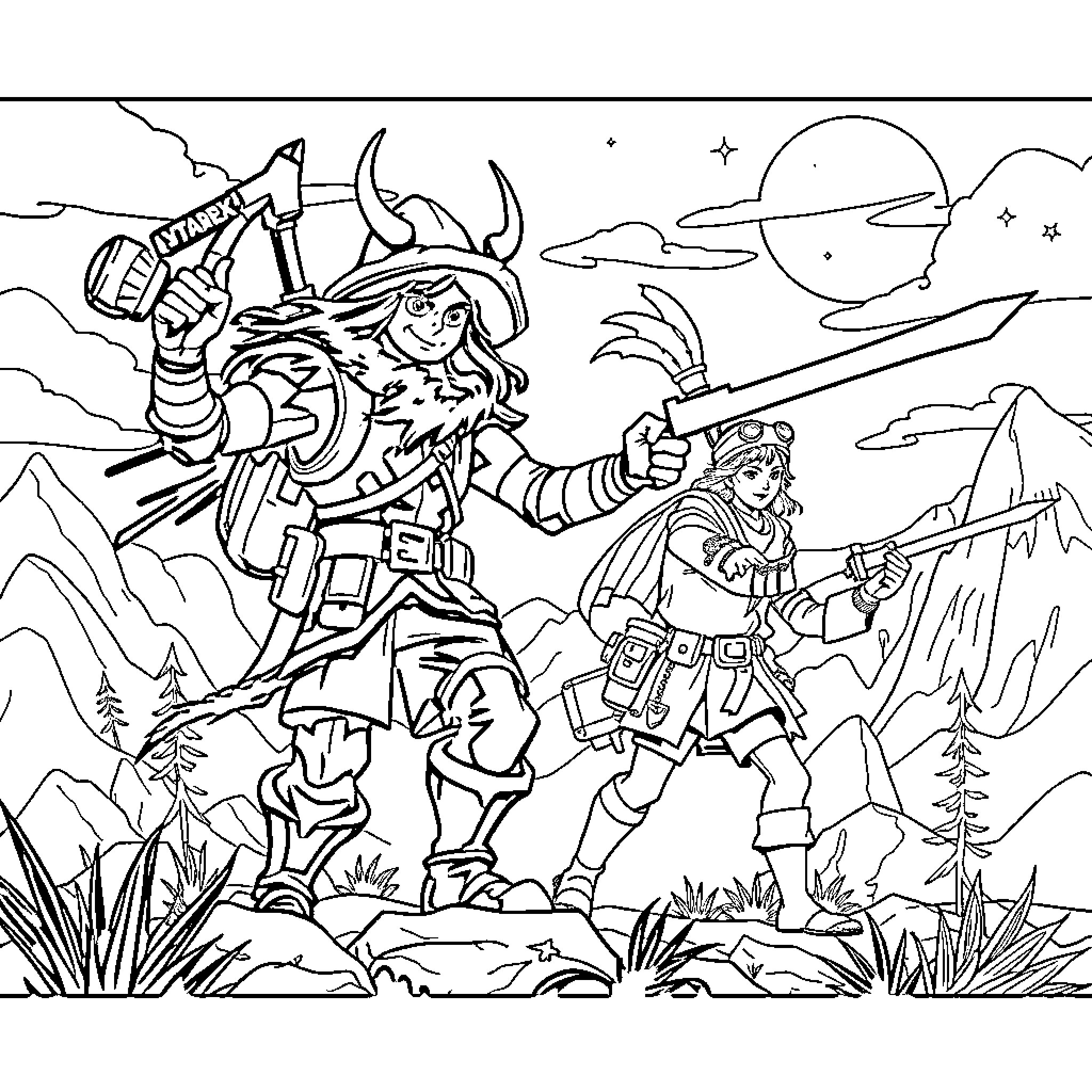 Huntrix female warriors in fantasy battle scene Coloring Page (free black-and-white line drawing printable PDF for all, from beginners to advanced learners, including children, teens, adults, and seniors)