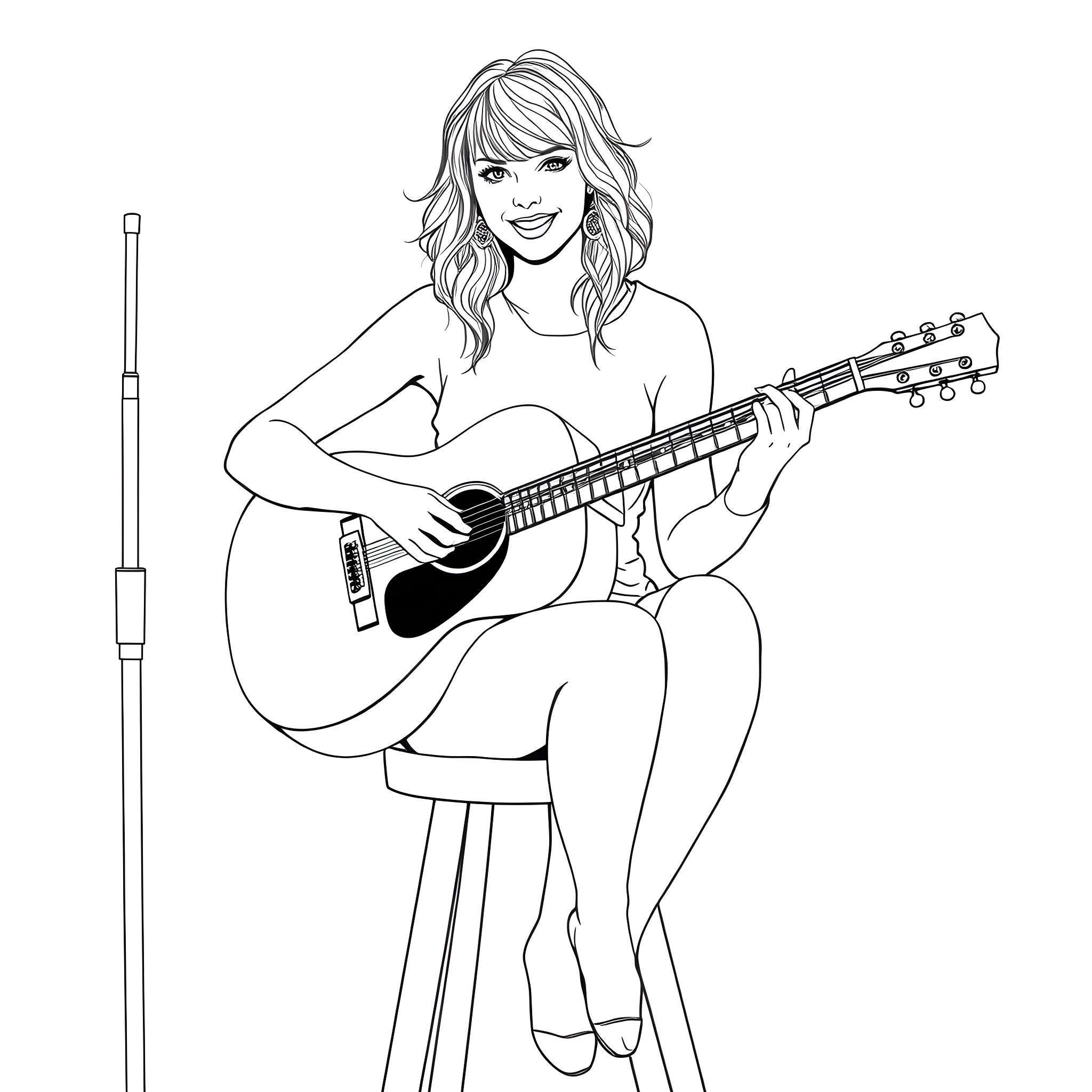 Taylor Swift playing guitar and smiling Coloring Page (free black-and-white line drawing printable PDF for all, from beginners to advanced learners, including children, teens, adults, and seniors)
