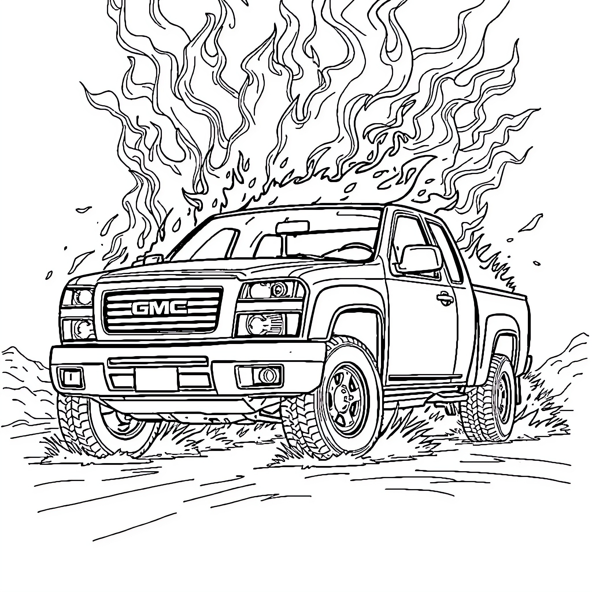 GMC Canyon off-road adventure in the wilderness Coloring Page (free black-and-white line drawing printable PDF for all, from beginners to advanced learners, including children, teens, adults, and seniors)
