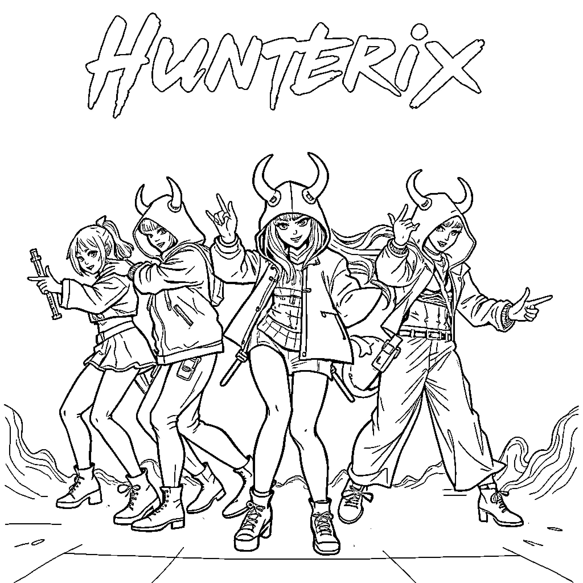 Demon Hunter Crew in Action Gear Coloring Page (free black-and-white line drawing printable PDF for all, from beginners to advanced learners, including children, teens, adults, and seniors)