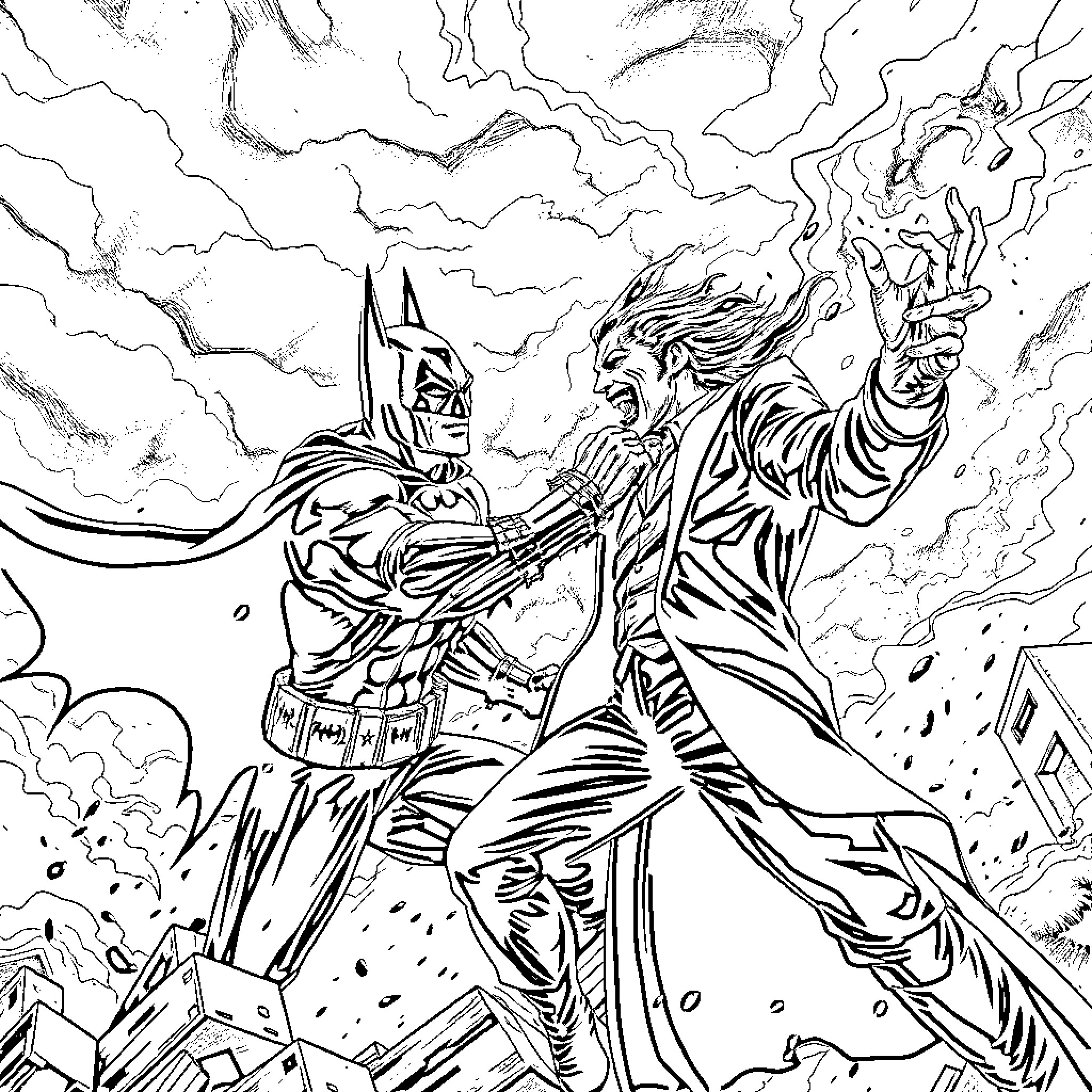 Batman confronting a fierce villain in action Coloring Page (free black-and-white line drawing printable PDF for all, from beginners to advanced learners, including children, teens, adults, and seniors)