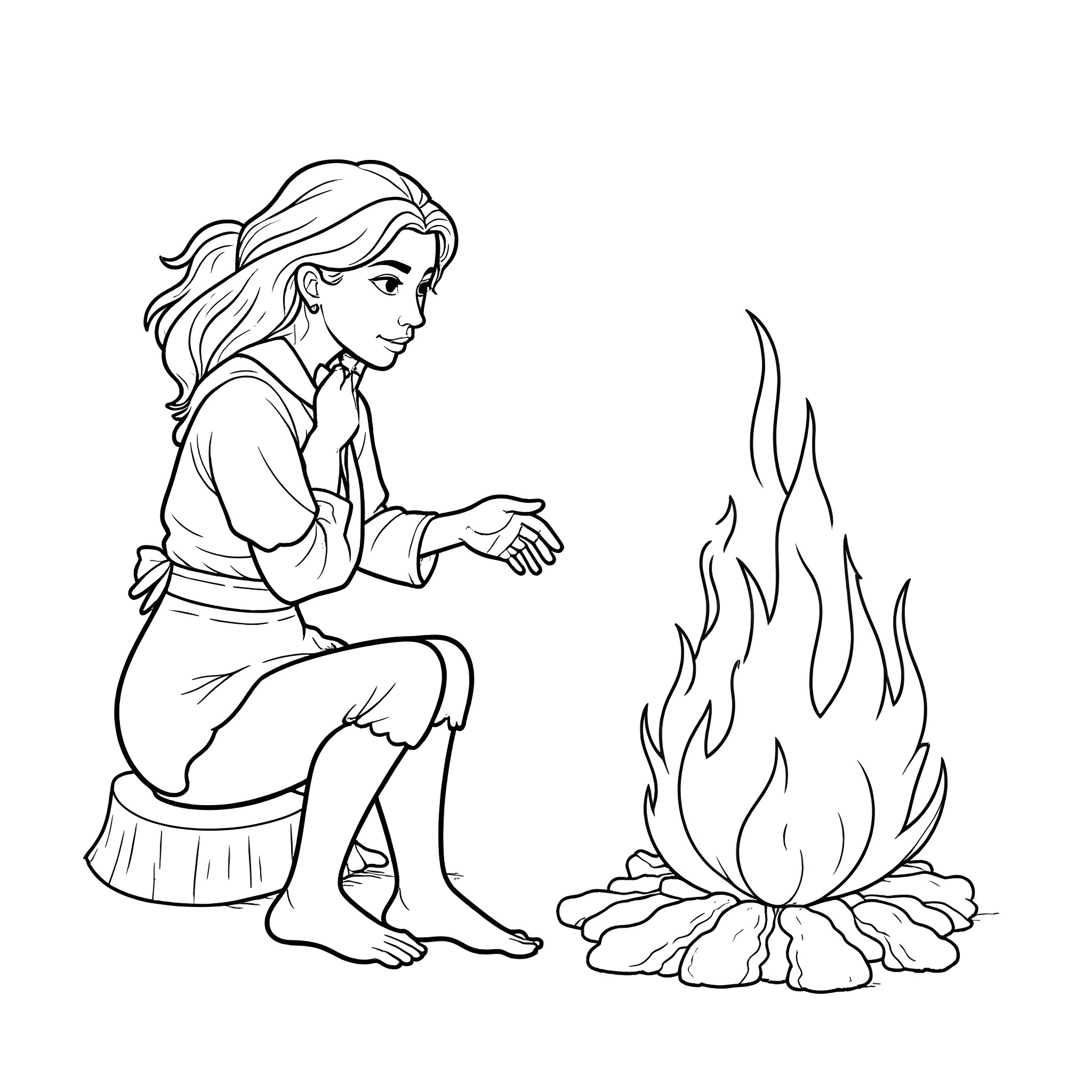 Indian Woman Warming Herself by the Campfire Coloring Page (free black-and-white line drawing printable PDF for all, from beginners to advanced learners, including children, teens, adults, and seniors)