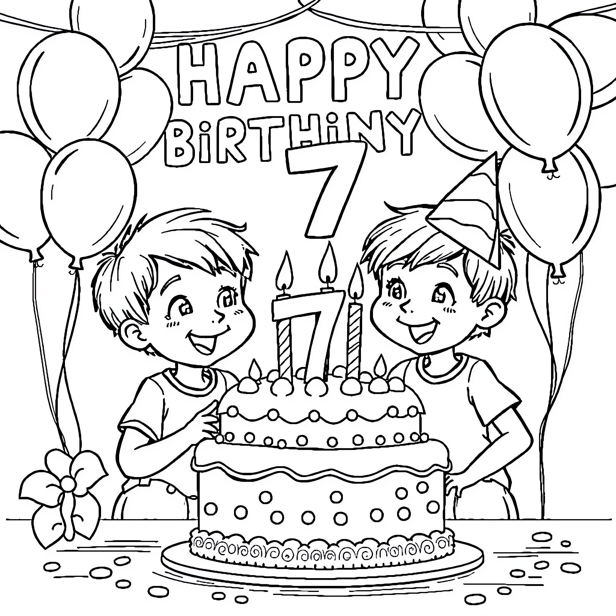 Twin boys celebrating 7th birthday with cake and balloons Coloring Page (free black-and-white line drawing printable PDF for all, from beginners to advanced learners, including children, teens, adults, and seniors)