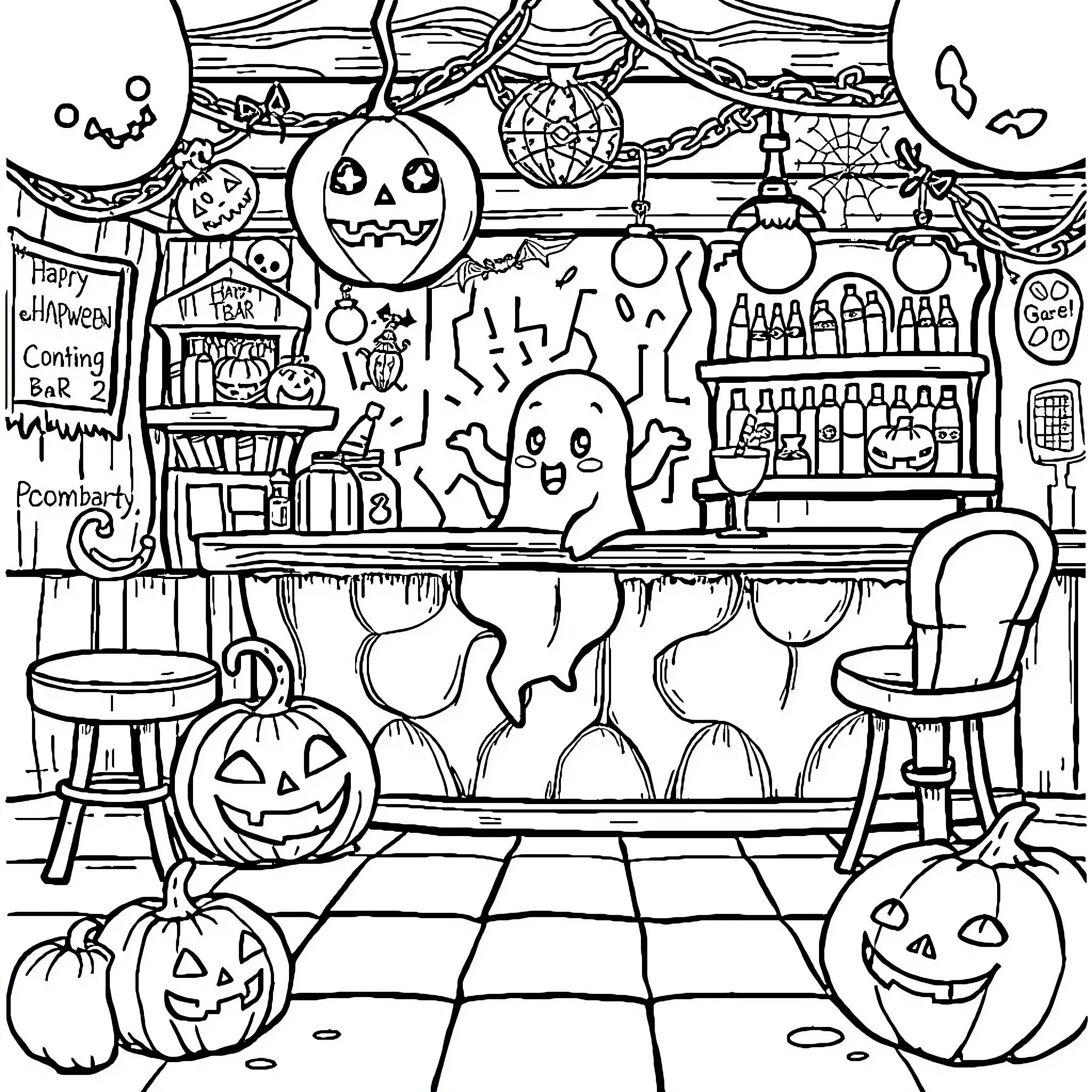 Ghost-filled Halloween celebration scene Coloring Page (free black-and-white line drawing printable PDF for all, from beginners to advanced learners, including children, teens, adults, and seniors)