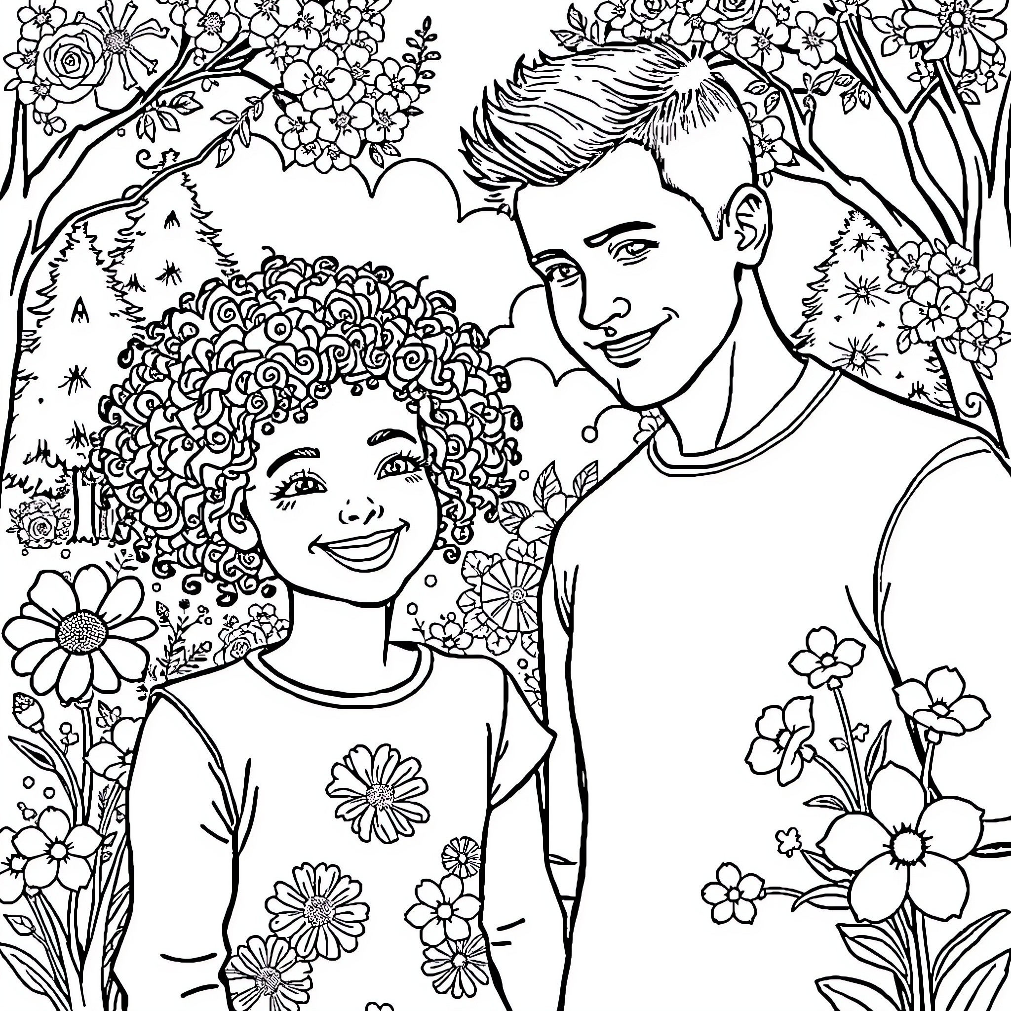 Person and Companion in Floral Garden Coloring Page (free black-and-white line drawing printable PDF for all, from beginners to advanced learners, including children, teens, adults, and seniors)
